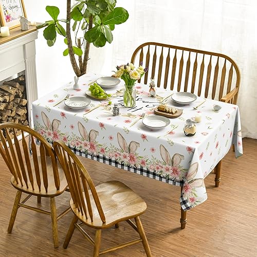 Miniatura 2 de Horaldaily Mantel de Pascua de 60 x 84 pulgadas, diseño de búfalo de flores de primavera a cuadros para decoración de fiesta, picnic, cena