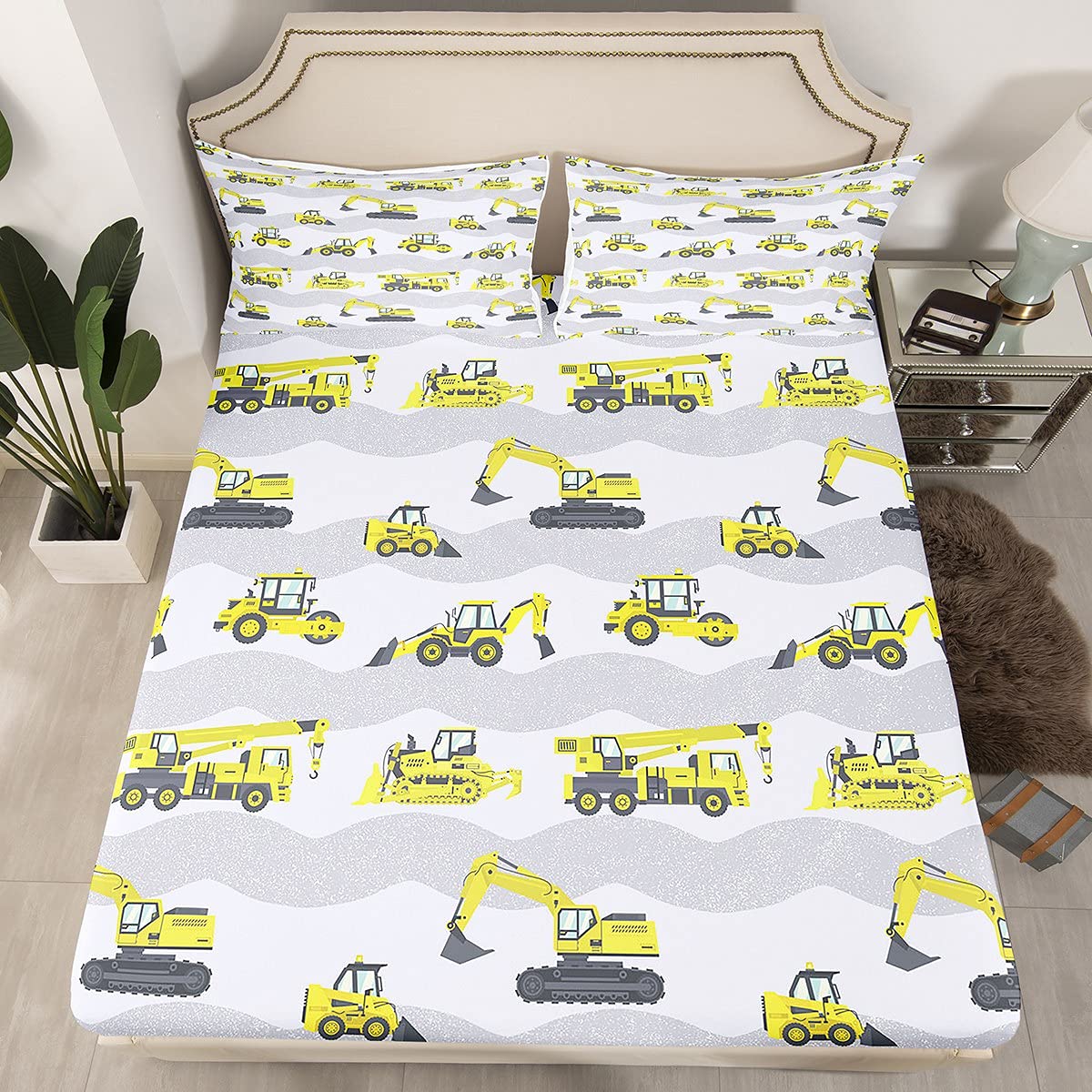 Loussiesd Juego de sábanas de Camiones para niños, excavadoras, sábanas de plumón para Adolescentes, Tractores de construcción, Juego de sábanas para Coche, Juego de Cama para vehículos, tamaño indiv
