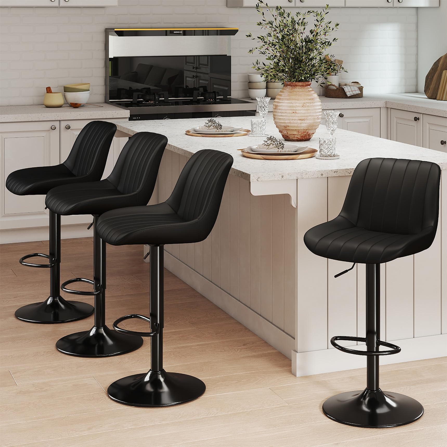 Youhauchair Bar Stools Set of 4, Swivel Counter Height Barstools with Back, Adjustable PU Leather Bar Chairs, Modern Armless Kitchen Island Stool, Black
