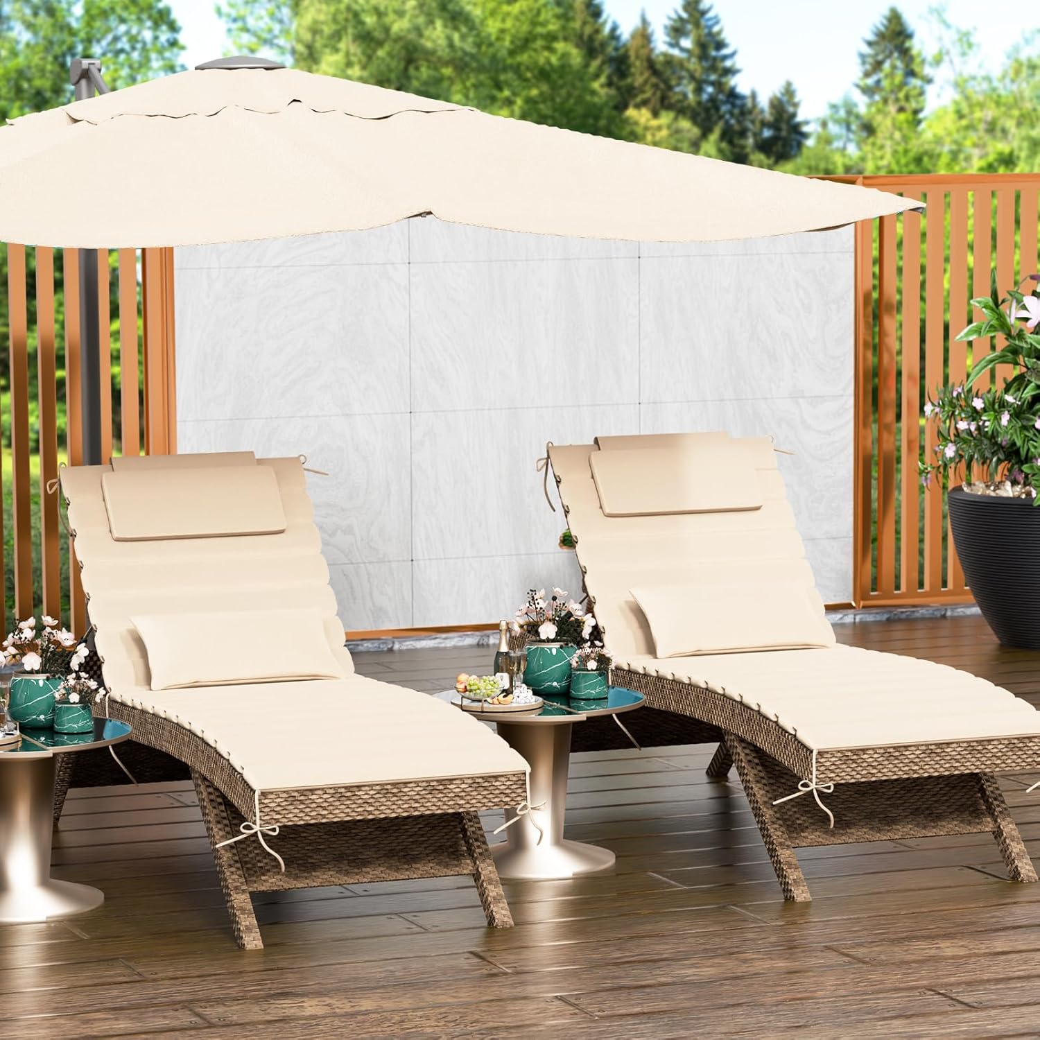 2pcs outdoor water-resistant olefin chaise lounge cushions with pillow, weather and fade resistant foldable quilted patio reclining lounger chair cushions with straps, beige, 81" l x 27" w beige 81"l x 27"w