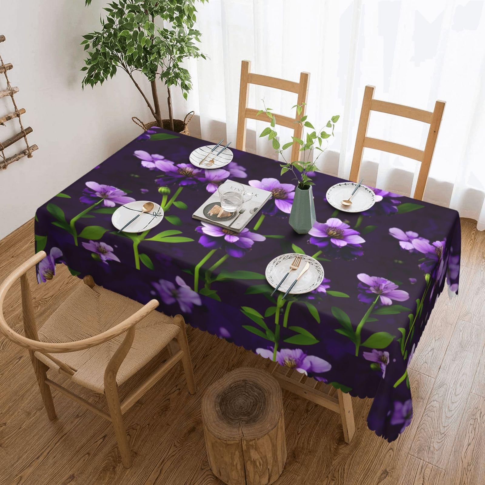 Nappe rectangulaire fleurs violettes en tissu pour buffet