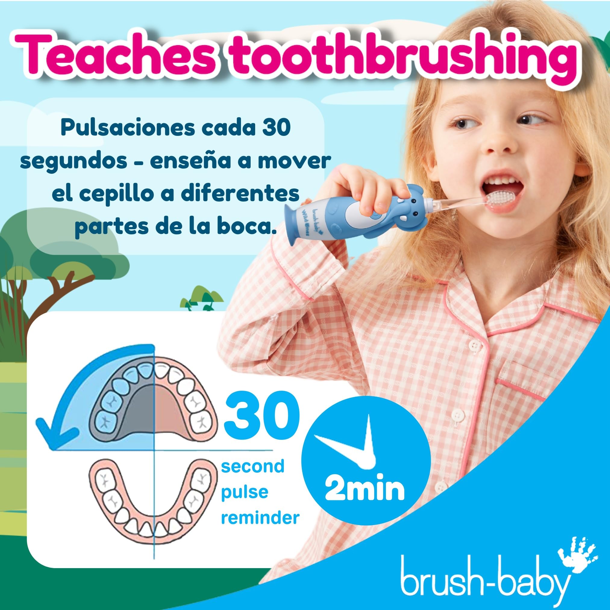 Brush-Baby WildOnes Cepillo de dientes eléctrico recargable para niños, elefante, 1 mango, 3 cabezales, cable de carga USB, para edades 0-10 (elefante)