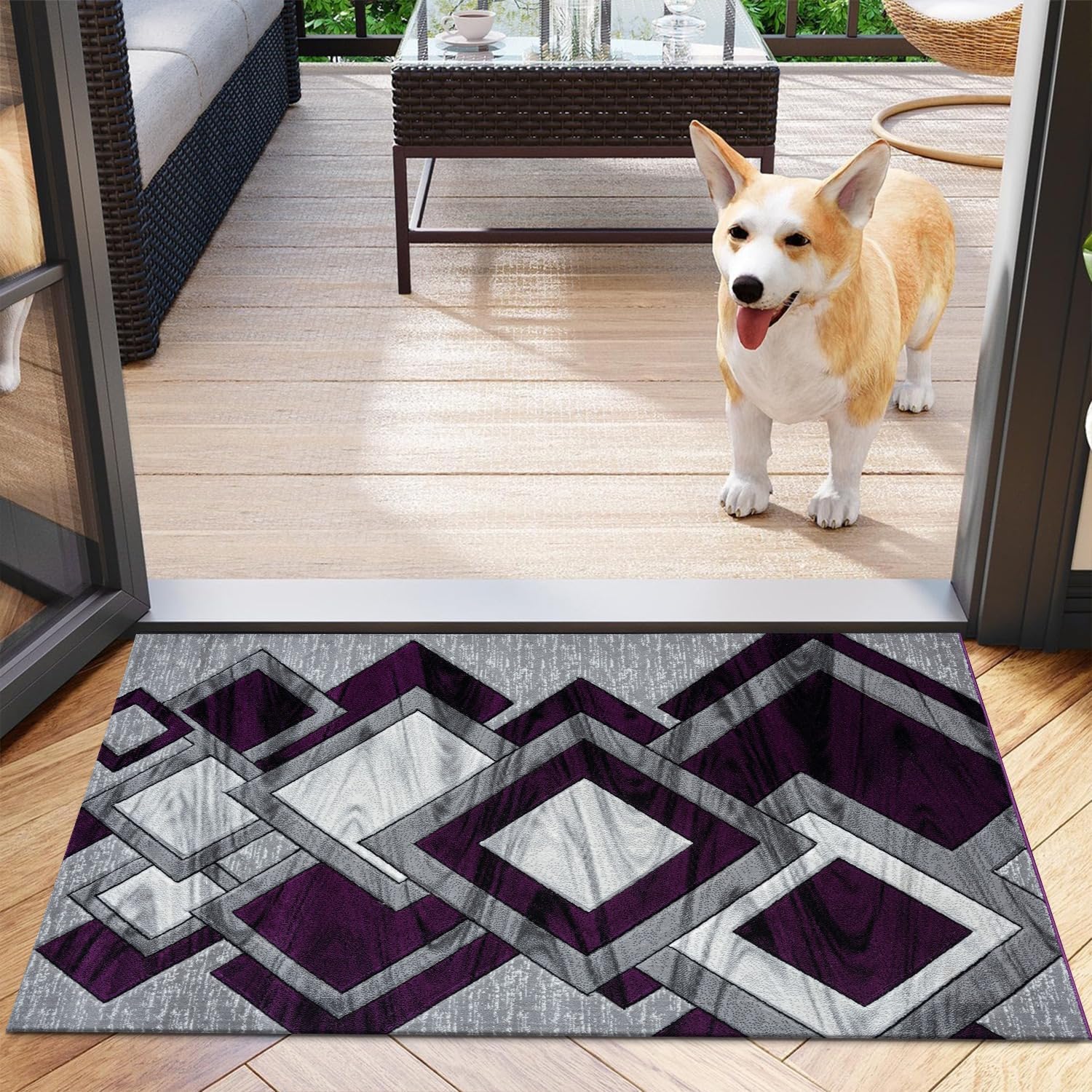 Rugs Inn Dazzling Diamond Doormat - Medium Pile Shaggy Flatweave with Geometric Pattern, Solid Non-Shed, Washable Floor Mat for Front or Back Door (50 x 80 cm, Purple) โ image 1