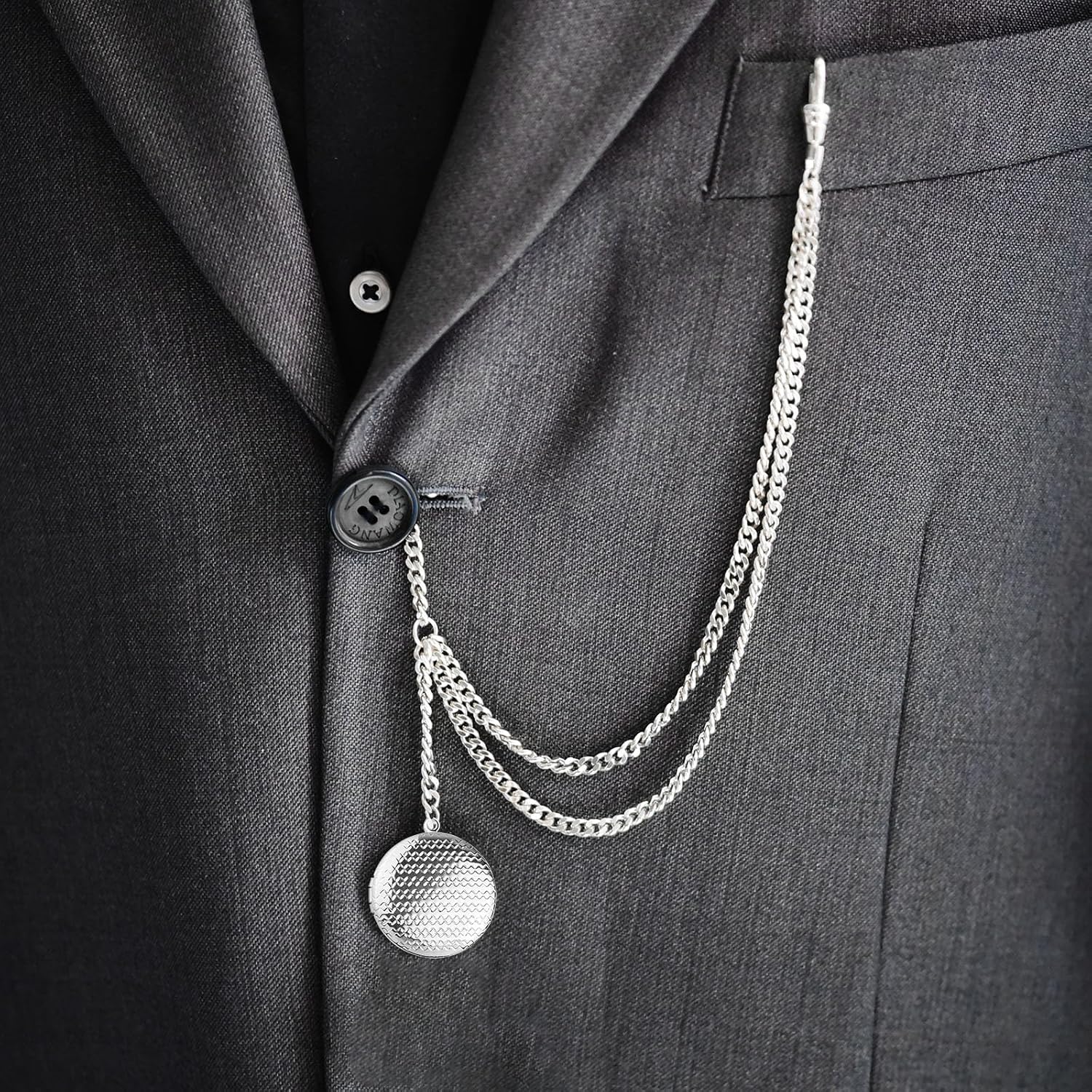Handmade Albert Pocket Watch Accessory Vintage T-Bar Vest Chain with Locket Pendant Silver & 18K Gold Plated Brass Double Link Gift for Dad Husband