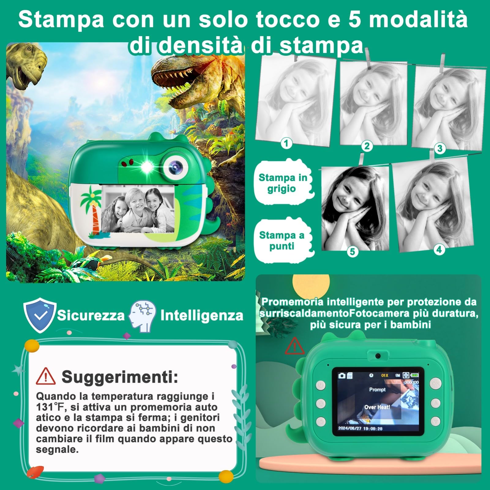 ARNSSIEN Macchina Fotografica Bambini Istantanea, 1080P Fotocamera Istantanea con 7 Rotoli di Carta, Fotocamera Digitale Bambini 2.4 Pollici, Regalo di Natale e Compleanno per Bambino di 3-12 Anni, M3