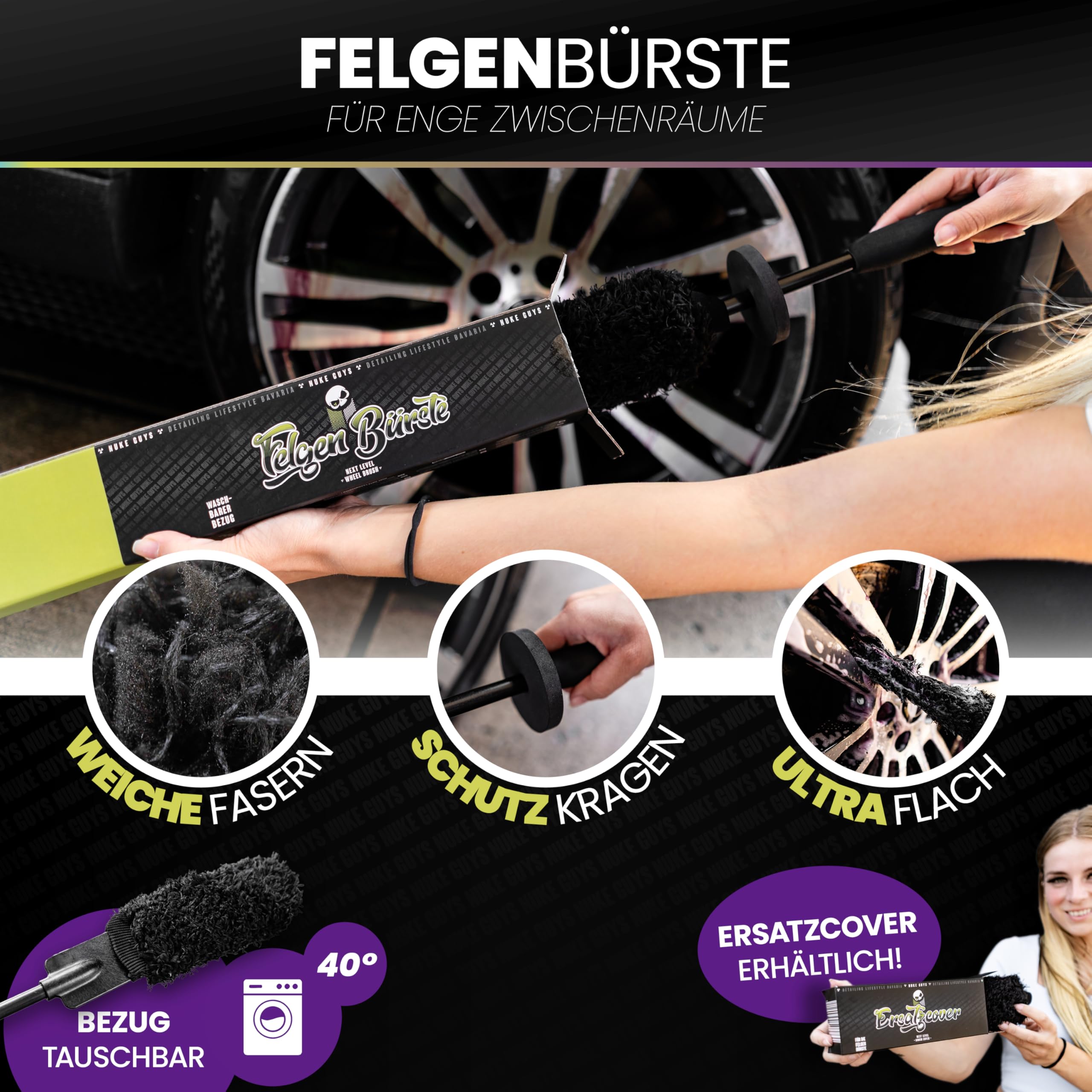Nuke Guys Felgen Reinigungsset | Felgenreiniger 500ml + Mikrofaser Felgenbürste + Felgenversiegelung 100ml + Felgenpinsel | Auto Felgenpflege Set für strahlende Alufelgen