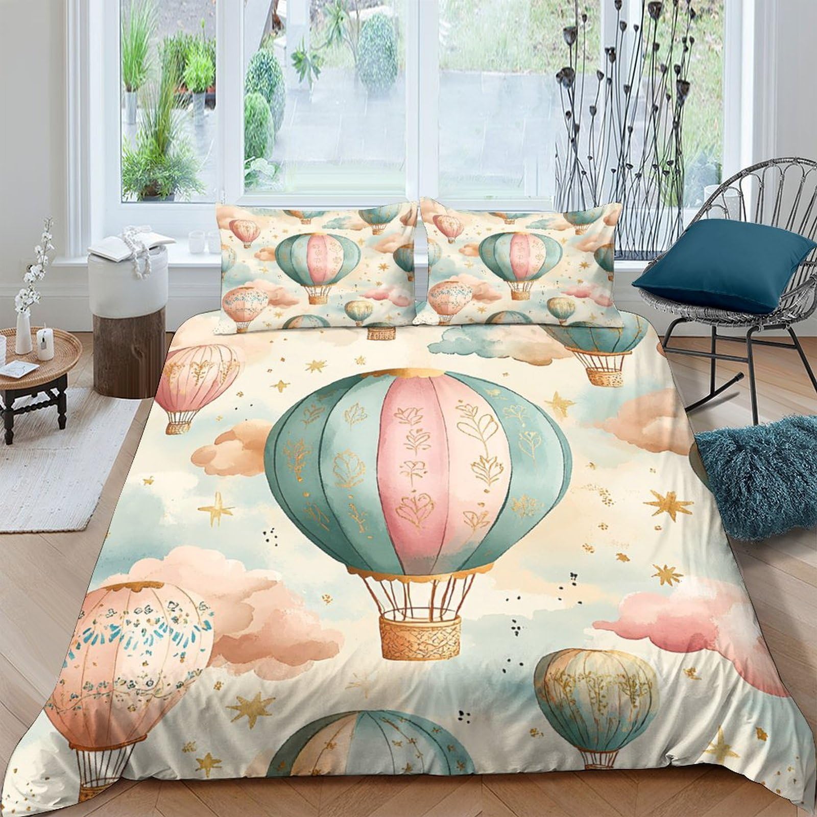 Ctjqhvkz Style-5 3D Printed Hot Air Balloon Fitted Sheet Microfiber Soft Pastel Clouds Bed Cover For Bedroom Decor Dorm Mattress Protection Single（135X200cm）