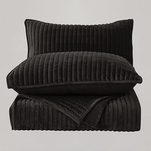 Miniatura 9 de SHALALA - Edredón de terciopelo tamaño King, juego de ropa de cama a rayas, edredón de terciopelo ligero, lujosa y acogedora con parte trasera de