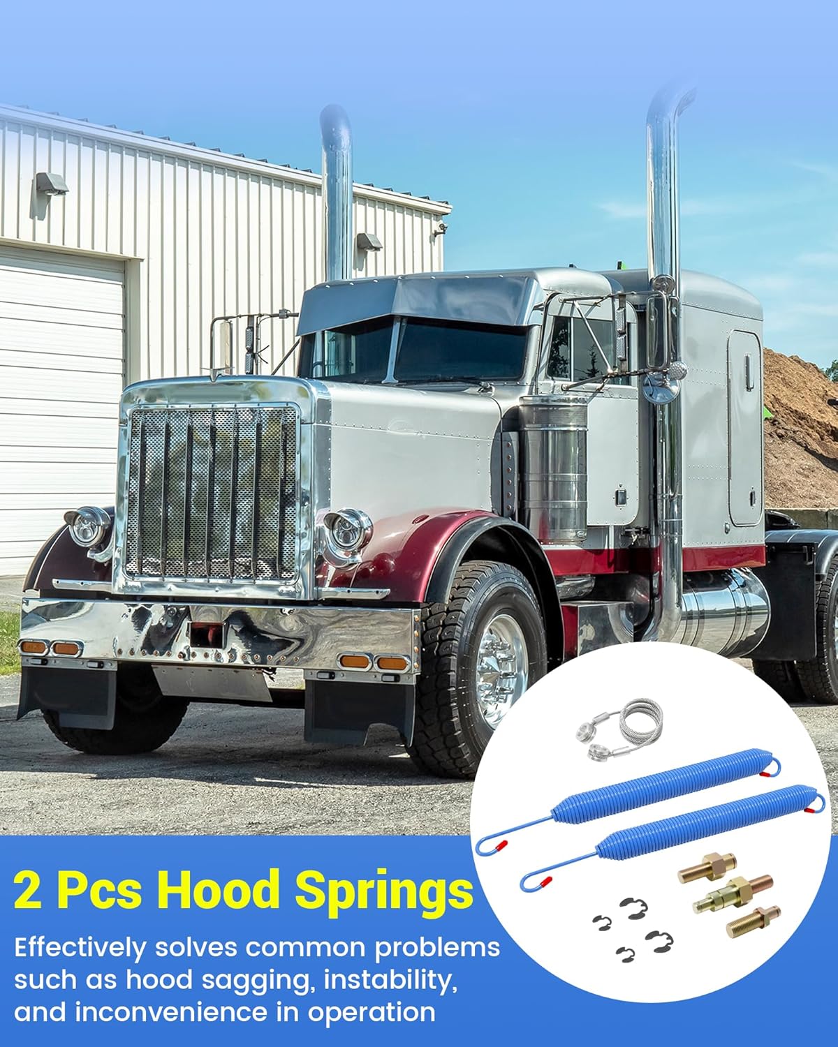 13-03761 Hood Springs 2 Pcs, Fit for Peterbilt 357 377 379 Series (1987-2008) Trucks with Cable, Stud Bolts and Retaining Rings, Replace 13-03663, 13-04638, 13-03662, L92-6000-0718