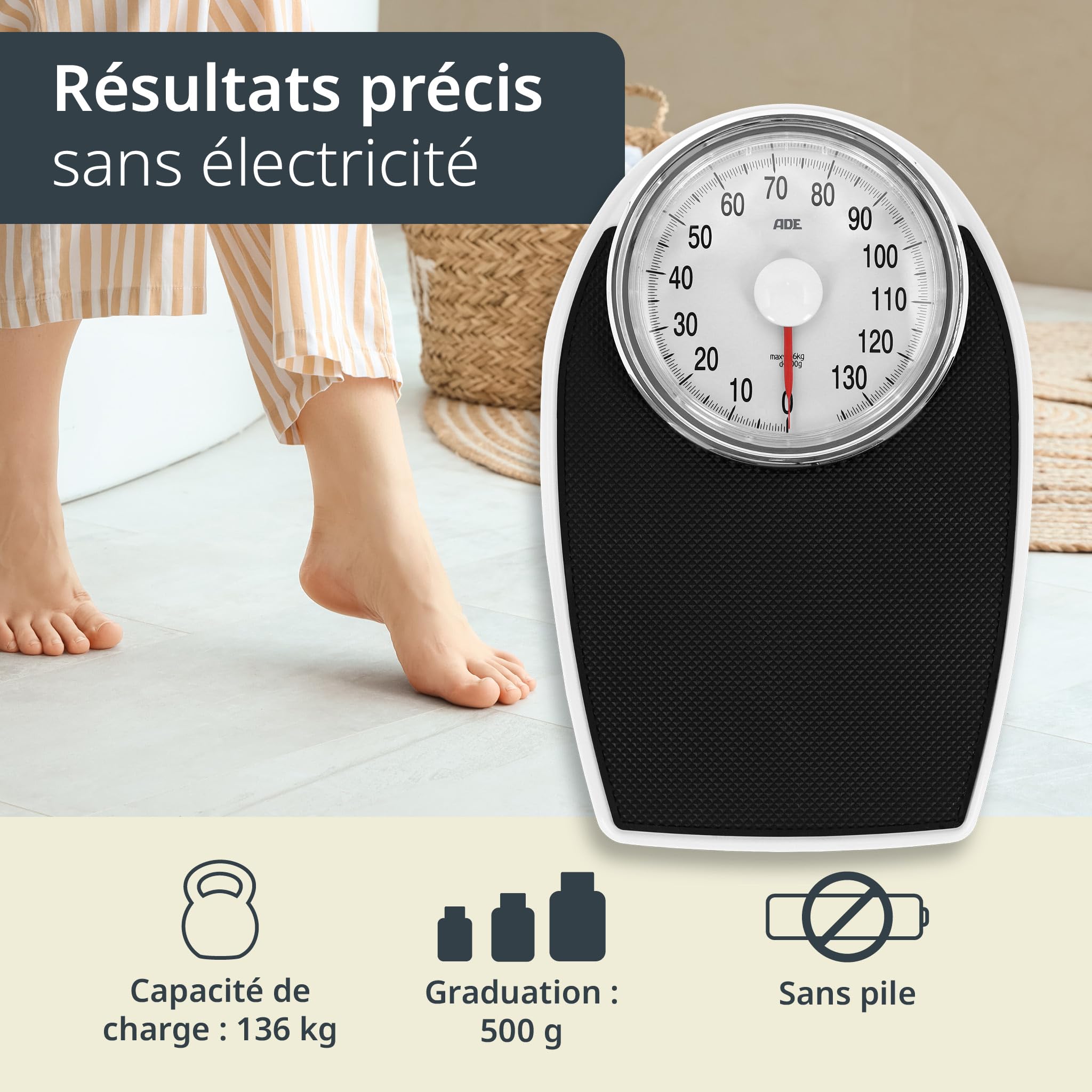 ADE Balance pèse personne mécanique au look retro | fiable et precis | facile à lire | balance analogique avec grand cadran | sans piles | jusqu'à 136 kg | noir