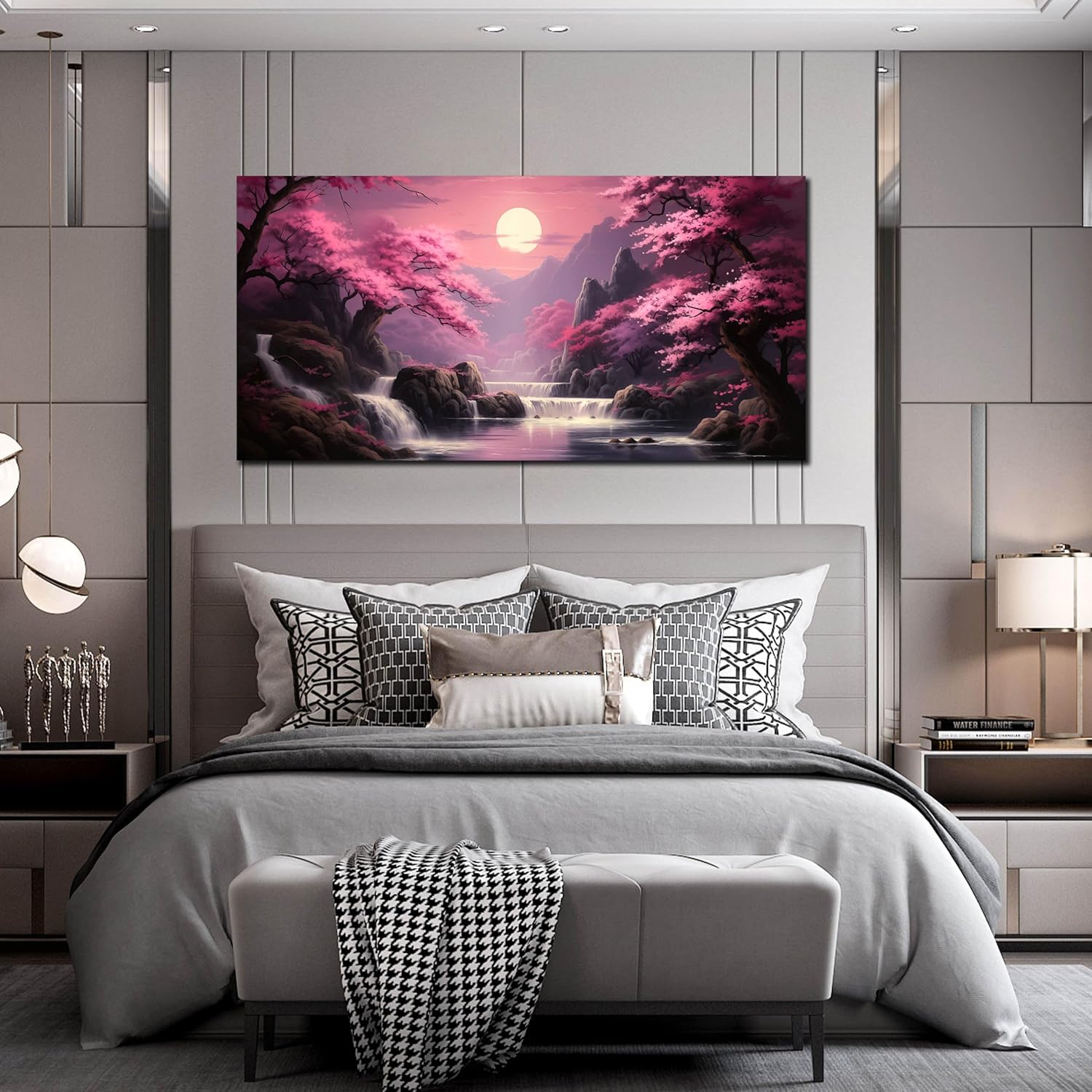 Landscape Wall Art for Living Room Bedroom Office Pink Wall Art Moon Lake Mountain Pictures Modern Artwork Framed Wall Decor Canvas Prints 29x59 In