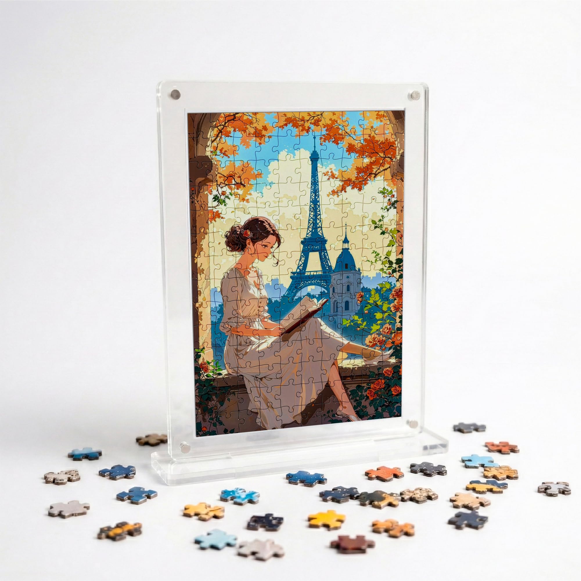 Mini Leaves Parisian Stroll Acrylic Frame Jigsaw Puzzle 140 Pieces | Café Street Desk Decor with Display Frame | Premium Gift for Art & Puzzle Lovers-image-0