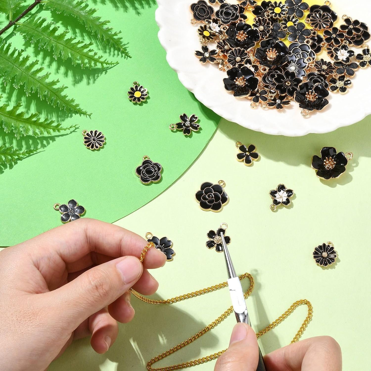 LiQunSweet 60 pcs 12 Styles Black Flower Theme Enamel Charms Sunflower Daisy Cherry Blossom Rose Floral Charms for DIY Jewelry Necklace Bracelet Earring Crafts