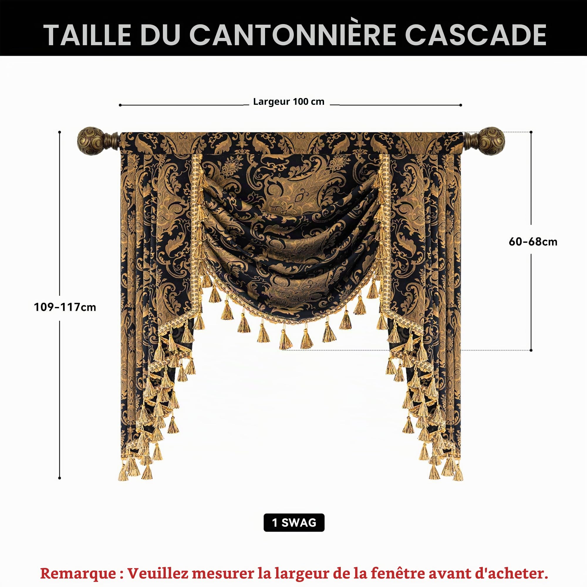 Cantonnière pour fenêtres, motif cascade damassée avec pompons, rideau court pour chambre à coucher, salon, cuisine, traitement de fenêtre avec passe-tringle (largeur 100 cm, noir)