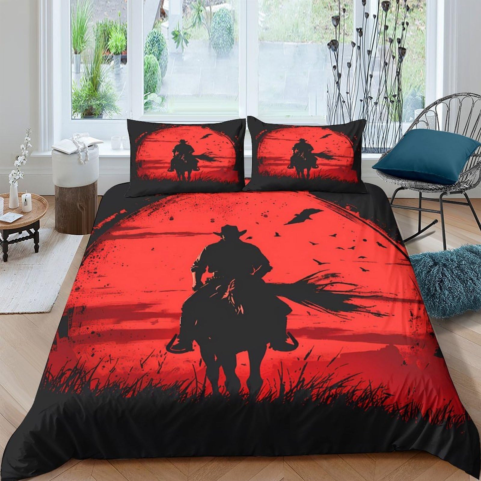 Ctjqhvkz Style-9 3D Printed Sunset Cowboy Fitted Sheet Microfiber Red Black Western Horse Bed Cover For Bedroom Guest Room Decor Single（135X200cm）