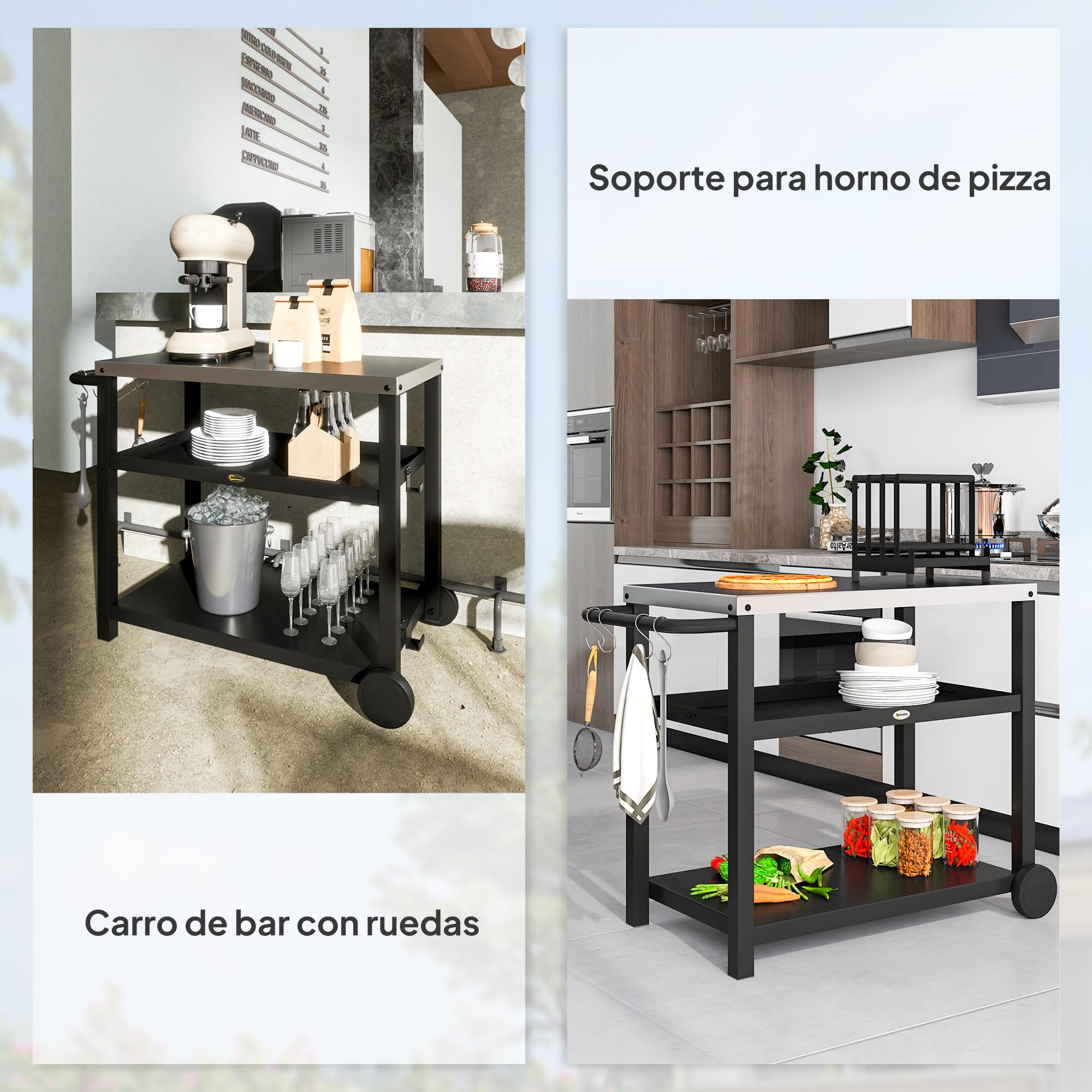 Outsunny Carrito de Parrilla de 3 Niveles Carrito de Barbacoa Carro de Servicio con 2 Ruedas Estantes Encimera de Acero Inoxidable y Asa Mesa de Horno de Pizza para Jardín Patio Gris Carbón