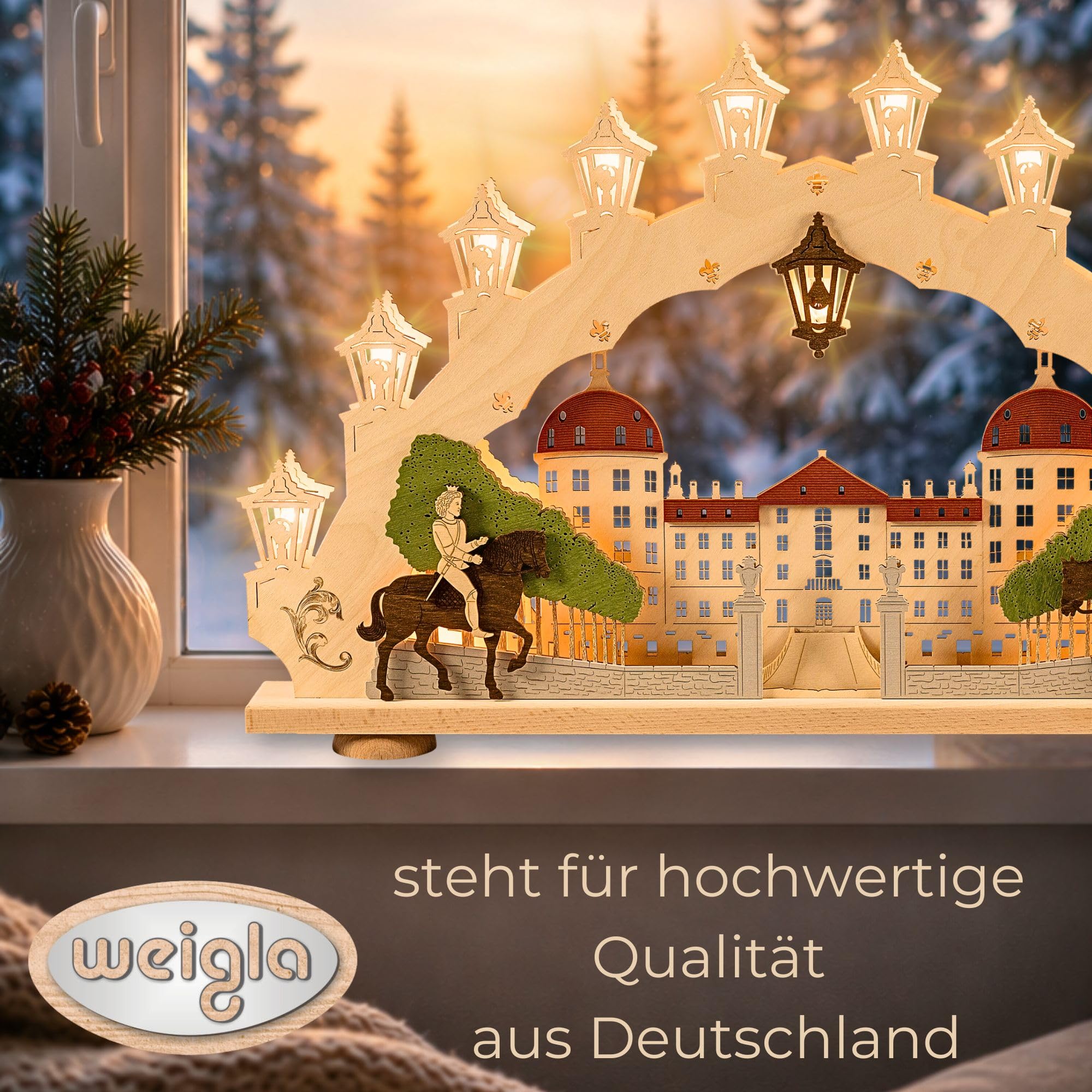 weigla - Schwibbogen original Erzgebirge I Motiv Moritzburg I Lichterbogen Weihnachten I 15 Lampenkerzen + 1 Ersatzlampe I 15 x 16 V, 3 W, E10 I beleuchtete Weihnachtsdeko innen I aus Holz