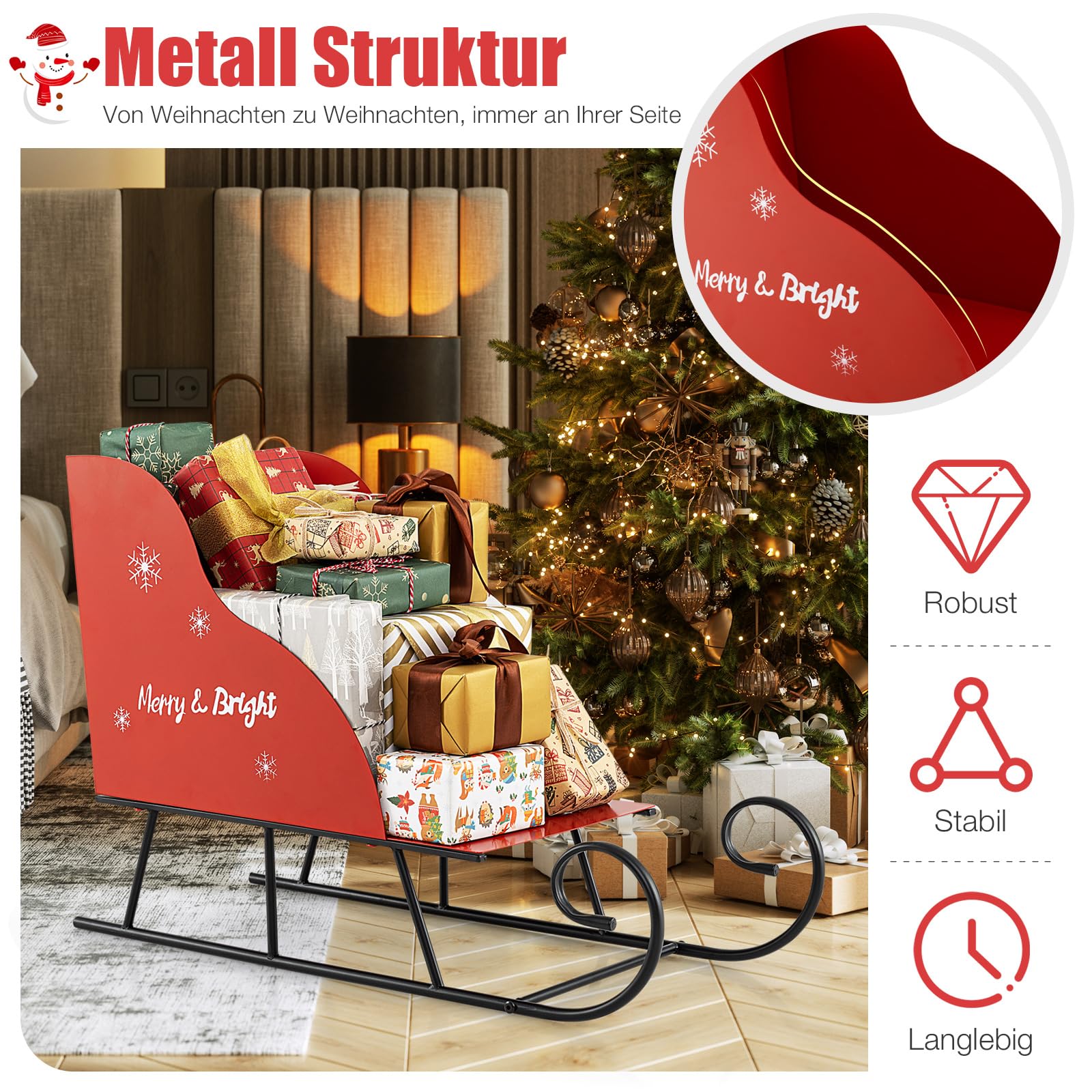 COSTWAY Deko Schlitten für Weihnachten, Weihnachtsschlitten aus Metall, Weihnachtsdeko groß Outdoor, Schlittenkorb Metallschlitten, Weihnachtsdekoration für Zuhause, Büro, 74 x 32 x 51 cm, Rot