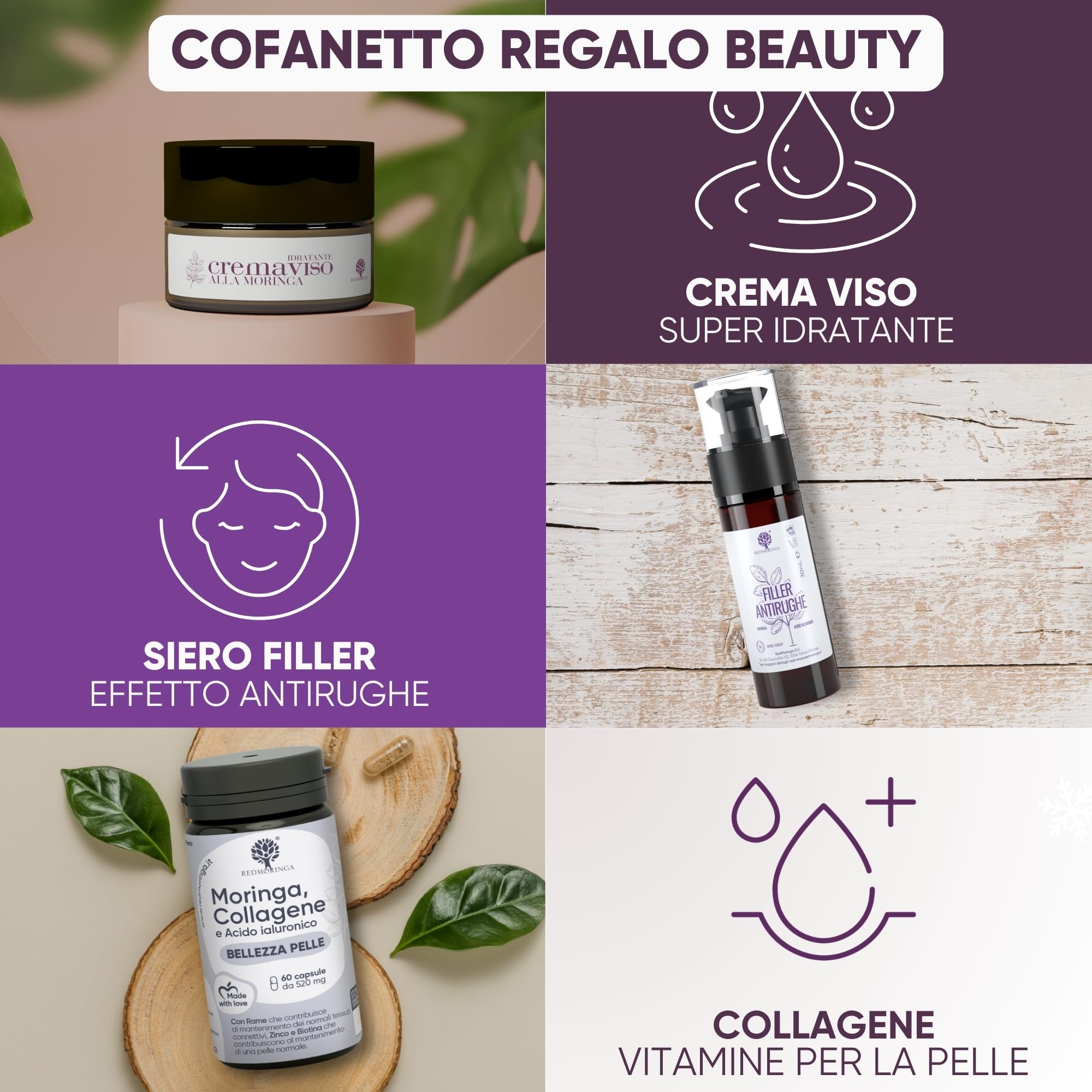 Cofanetto Regalo Donna Kit Skincare Viso Completo | Skincare Kit con Crema Viso, Siero Anti-rughe, Integratore Collagene | Idea Regalo Donne Set Skincare Redmoringa | L'unico IN & OUT