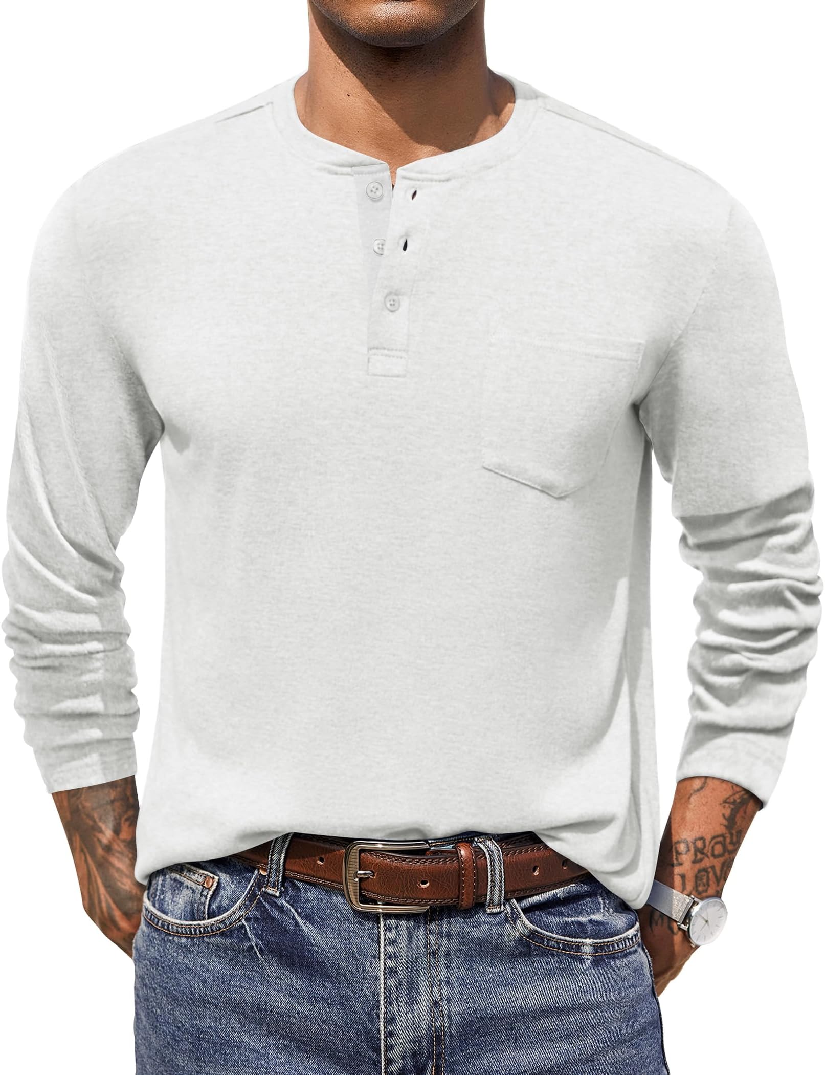 Men Long Sleeve Henley Shirs Casual Basic T Shirts Soild Button Tees with Pockets