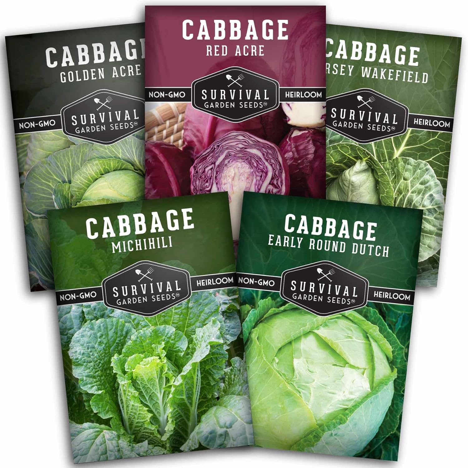 Survival Garden Seeds Cabbage Variety Pack: 5 Heirloom Non-GMO Varieties - Red Acre, Golden Acre, Jersey Wakefield & More