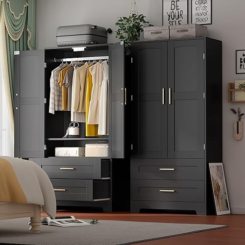 Miniatura 6 de Armario de madera con 2 cajones, armarios de dormitorio con puerta y estantes, armario independiente de almacenamiento de ropa con barra para colgar