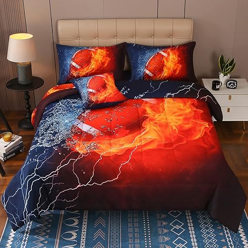 Miniatura 2 de JQinHome Juego de edredón completo de fútbol y fuego para niños, ropa de cama de 6 piezas en una bolsa, ropa de cama con temática deportiva en 3D,