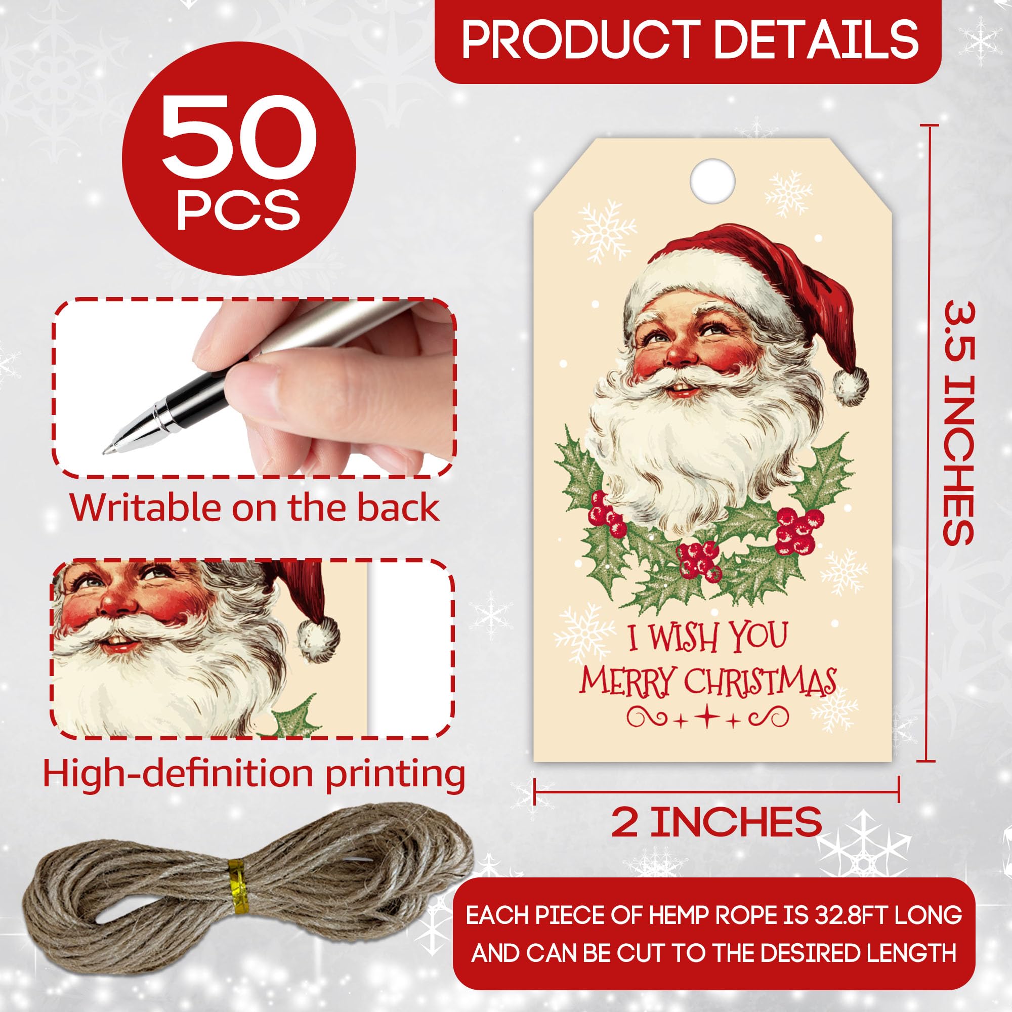 C17 Geschenketiketten aus Papier mit Schnur, 5,1 x 8,9 cm, Stechpalmenbeeren, Weihnachtsmann-Papieranhänger, 50 Stück