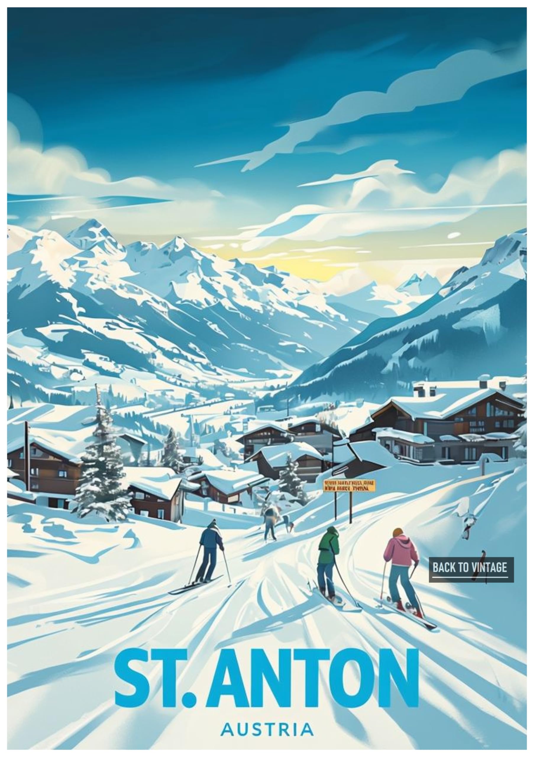 ST. ANTON - Vintage Ski Resort Poster A4 Size Retro Winter Sports Wall Art Alpine Mountains Snow Landscape Home Decor for Ski Lovers