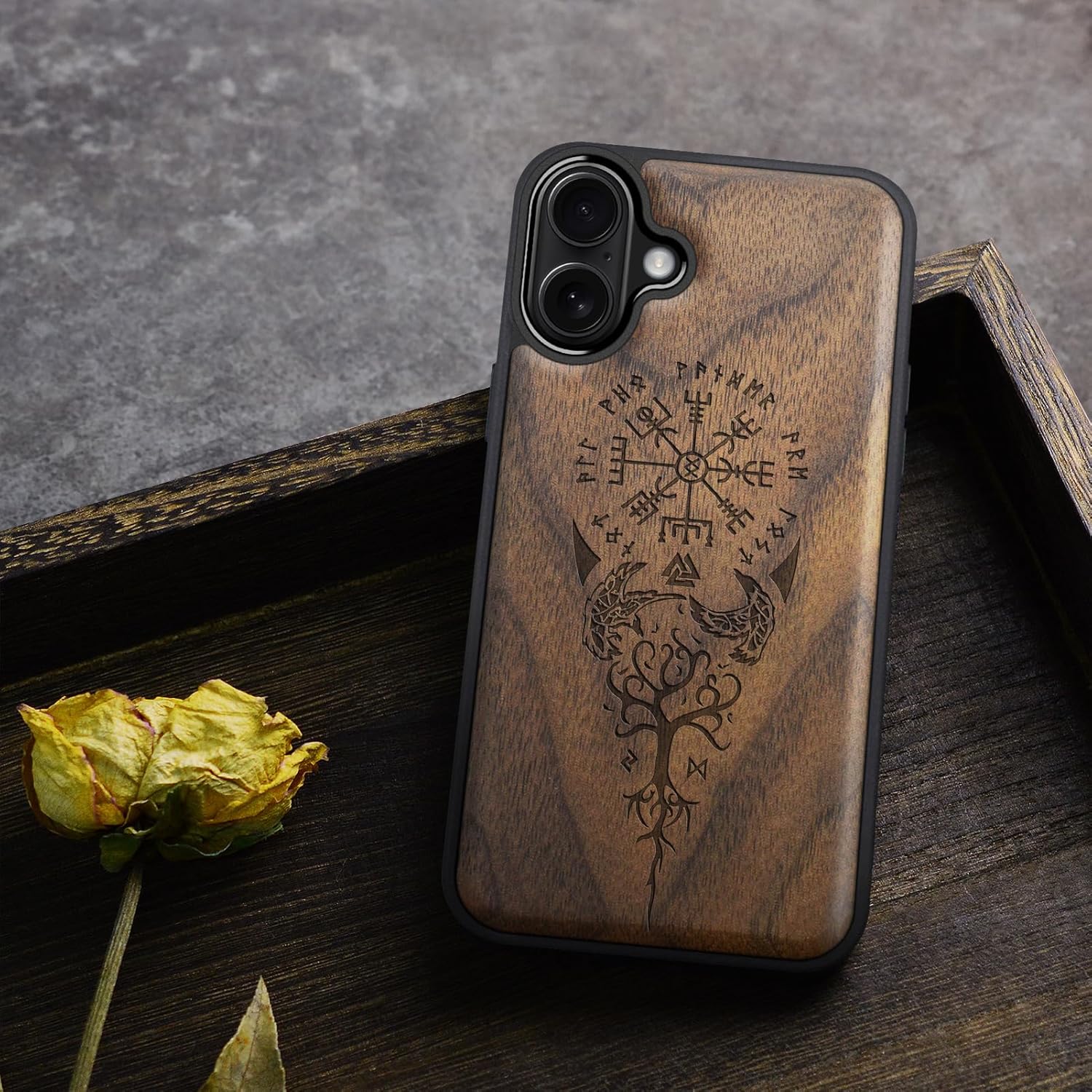 Carveit Magnetic Wooden Case for iPhone 17 Case, Wood Artisan Engraved & Black Soft TPU Shockproof Cover, Compatible with MagSafe Wireless Chargers (The Guiding Vegvisir) Walnut