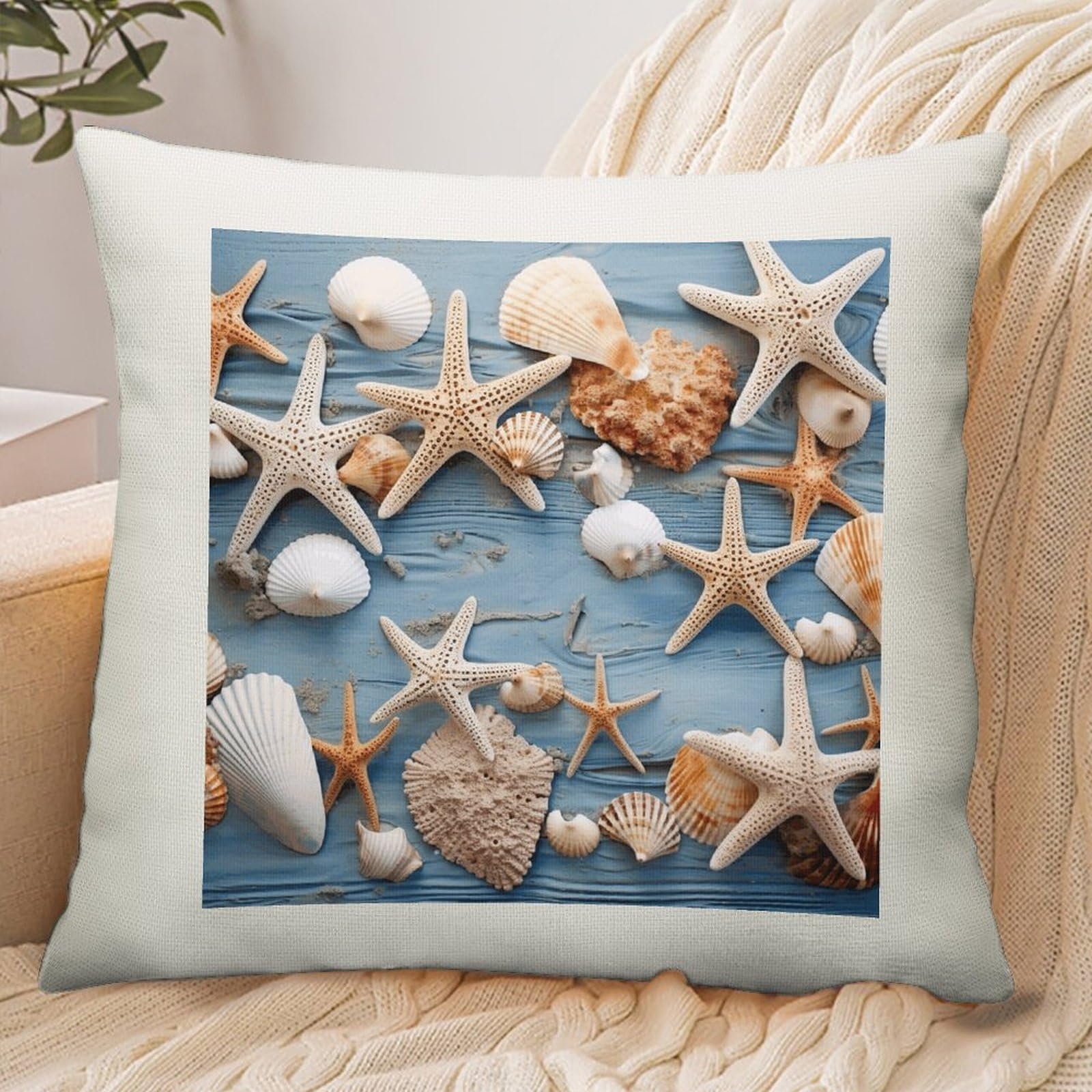 Adfgyerh Style Shell Starfish Pattern Pillow Cover Breathable,Pillowcases Boho Decorative Envelope Closure,Throw Pillow Covers For Beach,Patio,Balcony,Couch Living Room 18 * 18In