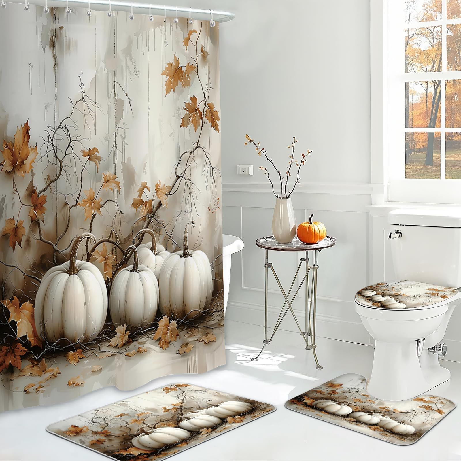 Rideaux de douche citrouille rétro et tapis assortis pour une décoration de Thanksgiving réussie