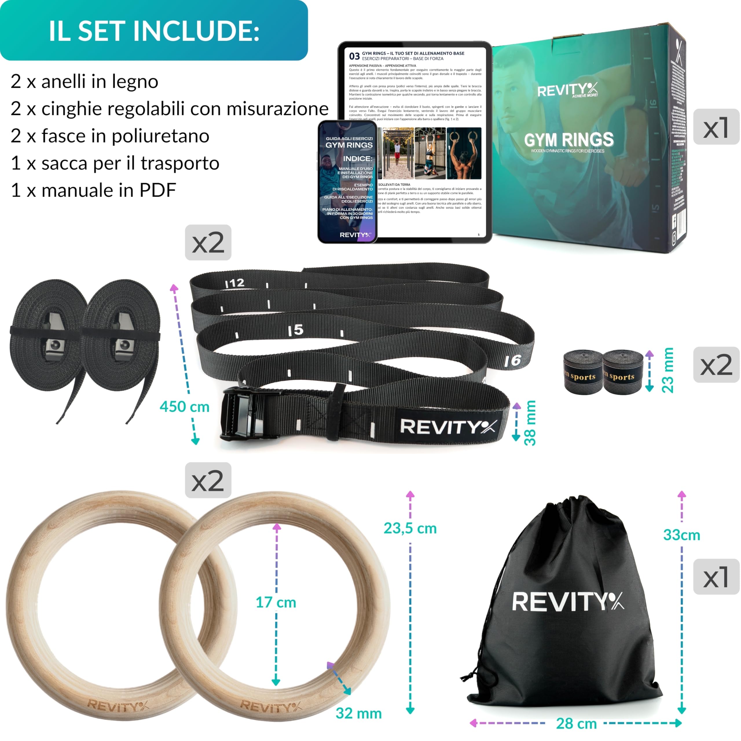 Anelli Calisthenics 32 mm - Anelli Ginnastica Legno per Crossfit e Palestra in Casa, Cinghie 450 x 3,8 cm con Marcature, Carico Massimo 250 kg, Nastri di Grip per Anello, Guida PDF
