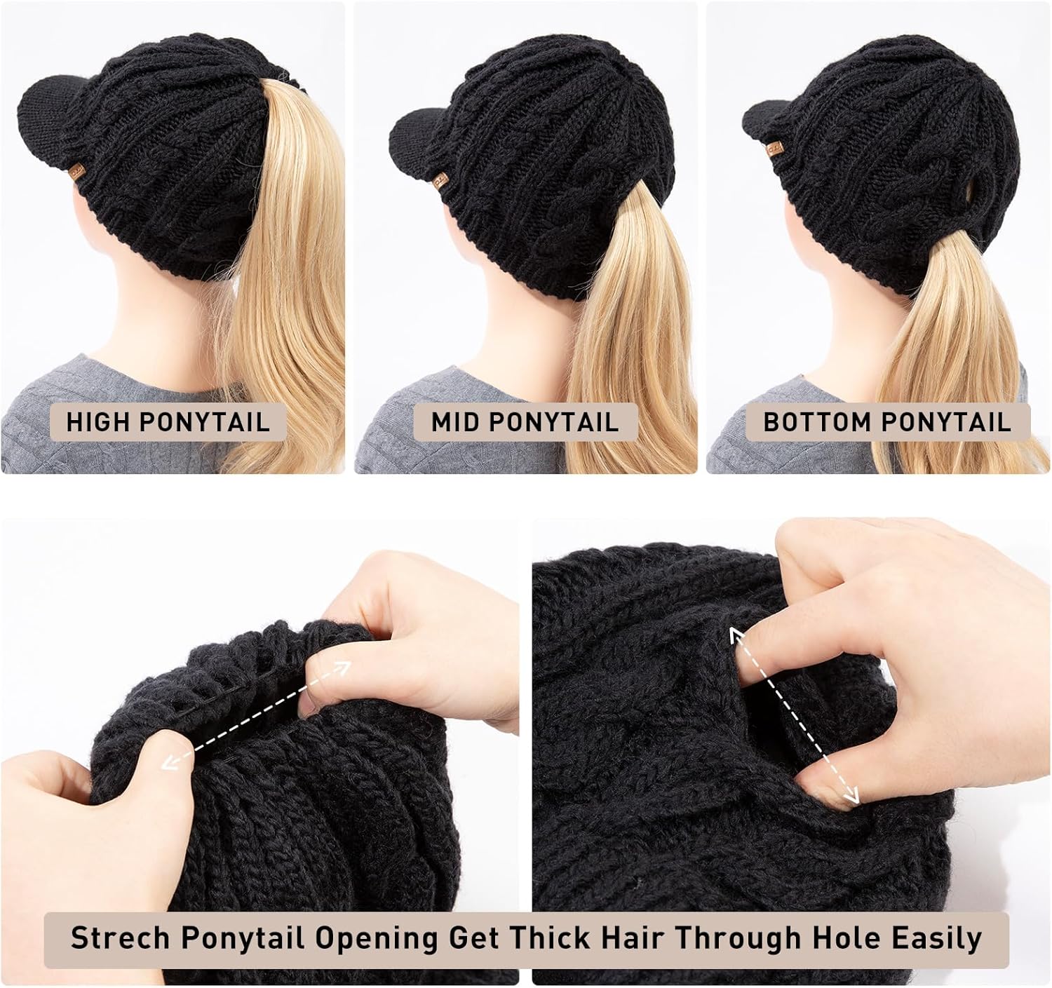 ChicPony™ Merino Wool Visor Ponytail Beanie with Brim Fleece Lined 3 Bun Openings Hole Warm Windproof Knit Cap Winter Hat