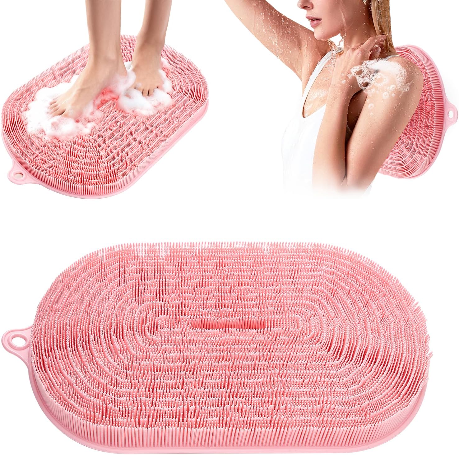XXL Shower Foot Scrubber Mat – Large Silicone Foot Scrubber for Exfoliating & Massaging, Non-Slip Suction Cups, Dead Skin Remover & Callus Cleaner for Men Women, 20.9"x13.8" Pink