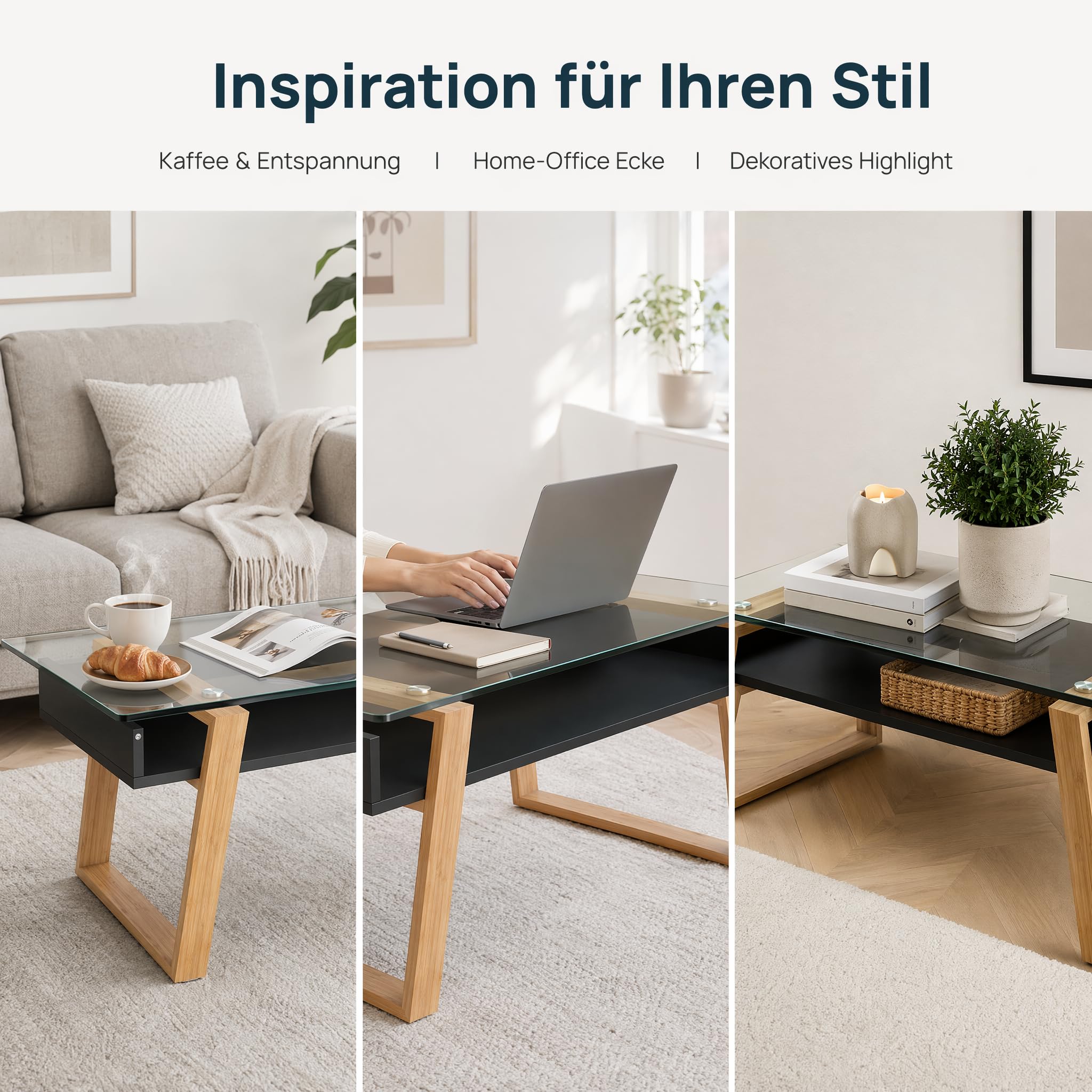 bonVIVO Couchtisch Glas Schwarz mit Bambus – Moderner Glastisch Wohnzimmer mit Ablage 110x55x40 cm – Wohnzimmertisch Schwarz Skandinavischer Couchtisch Holz Glas