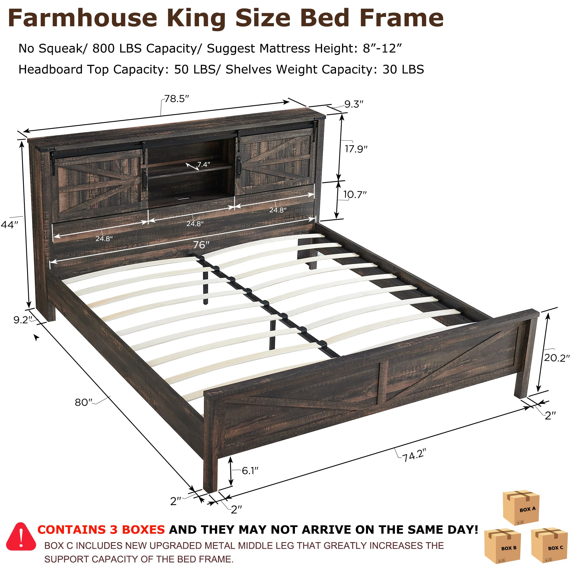 T4TREAM Farmhouse King Size Bed Frame w/Storage Bookcase Headboard, Sliding Barn Door, Charging Station, Rustic Wood Platform Bed w/Wood Slats Support, No Box Spring Needed, Dark Rustic Oak