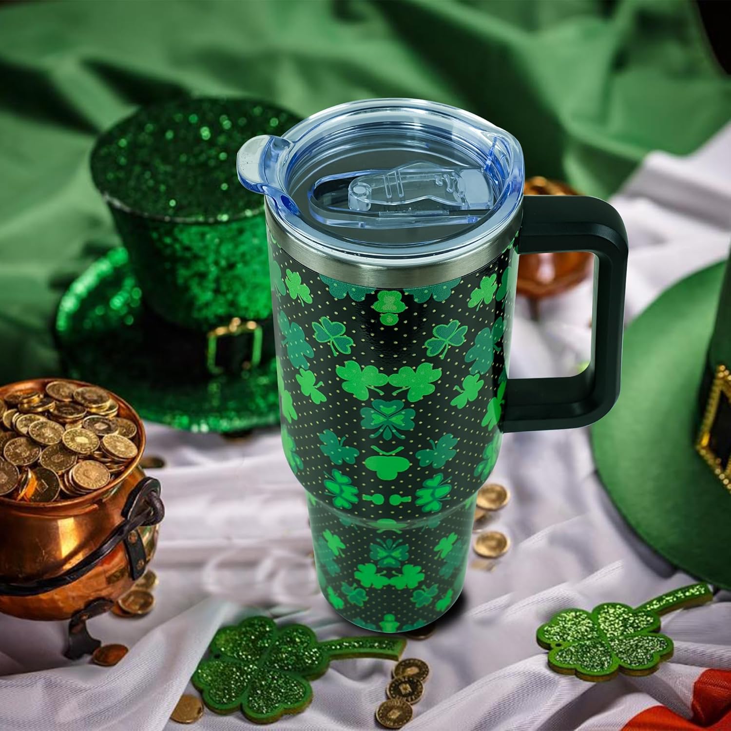40oz St Patricks Day Tumbler with Handle and Straw, Green Irish Shamrocks Stainless Steel Travel Mug Water Bottle, Vacuum Insulated Cup - Image 5