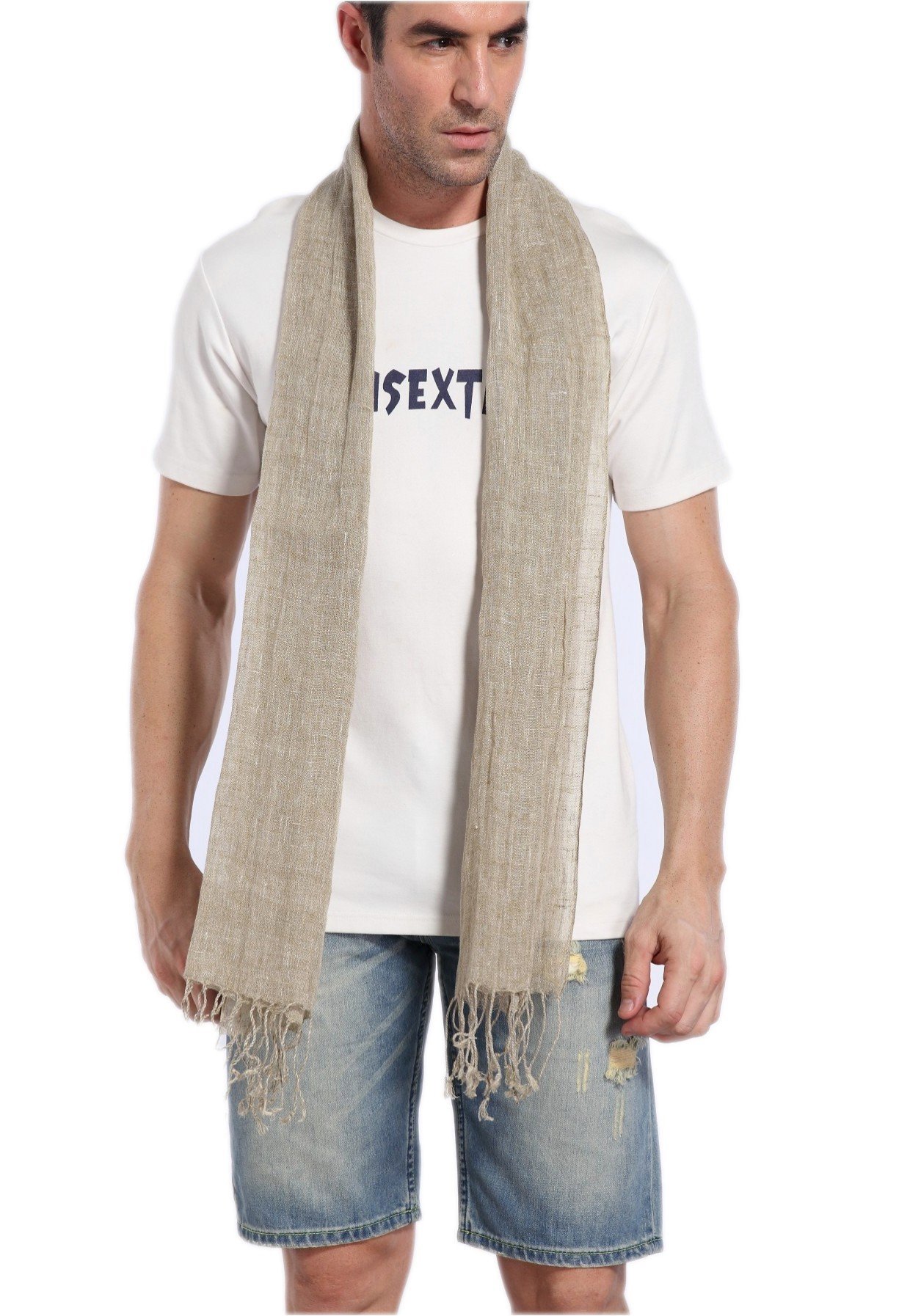 Prettystern long Plain Colour Summer Casual Fringed Linen Men's Scarf Shawl - natural T24