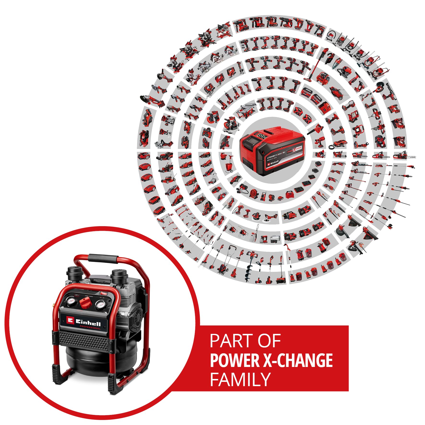 Compresor con batería SILENZZO 36/210 Einhell Professional Power X-Change (36 V, máx. 8 bar, depósito de 8 l, potencia de aspiración 210 l/min, manómetro, sin aceite, silencioso, sin batería)
