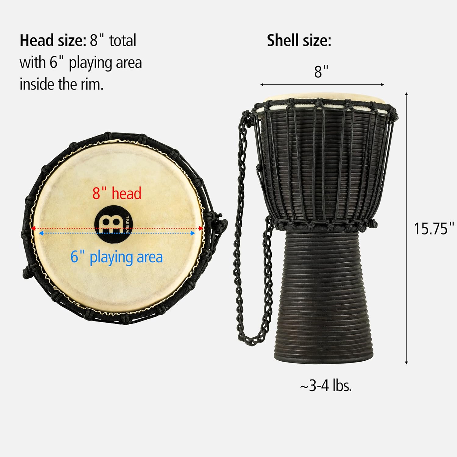 Meinl Percussion Djembe Drum African Hand Drum Instrument for Adults — NOT MADE IN CHINA — Mahogany Wood / Natural Head 8" x 15.75"