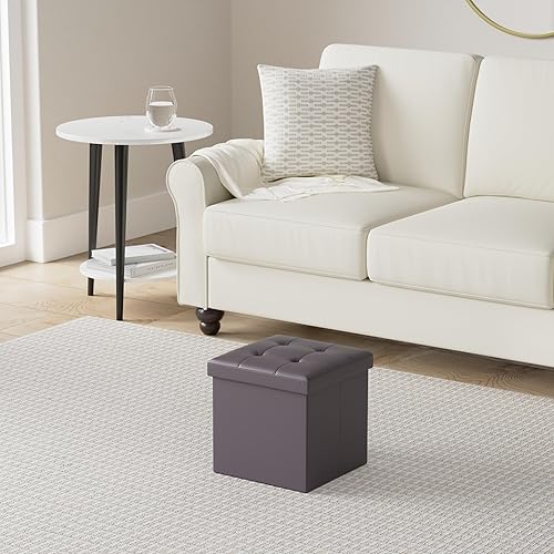 Miniatura 28 de LotFancy Otomana de almacenamiento, taburete plegable para reposapiés, banco pequeño de cuero de 13 x 12 x 12 pulgadas con almacenamiento, soporta