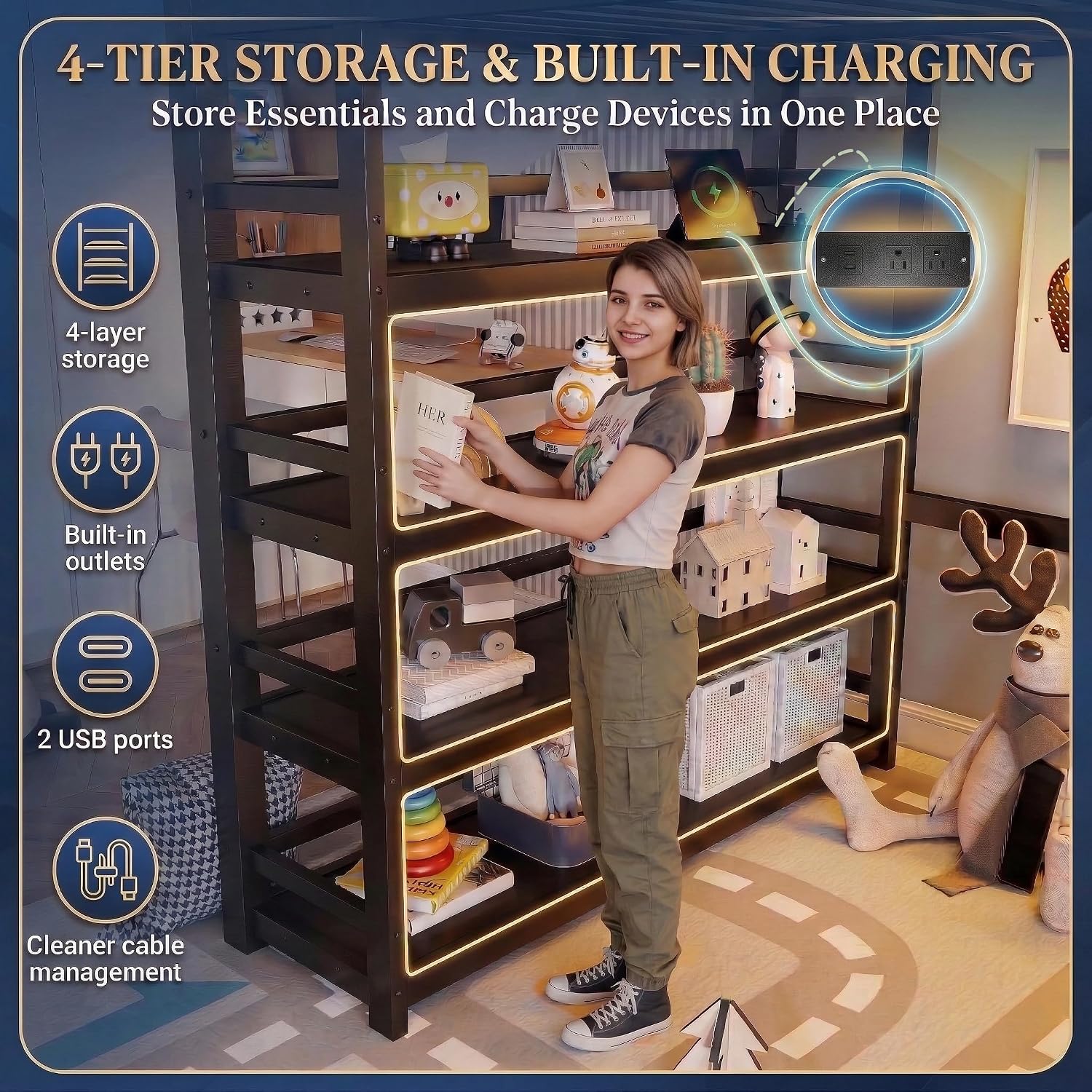 Full Size Metal Loft Bed with Storage Stairs, Upper Bedside Shelf, 4-Tier Bookcase, RGB LED Lights & Charging Station, Space-Saving Heavy Duty Loft Bed Frame for Kids & Teens (Black)