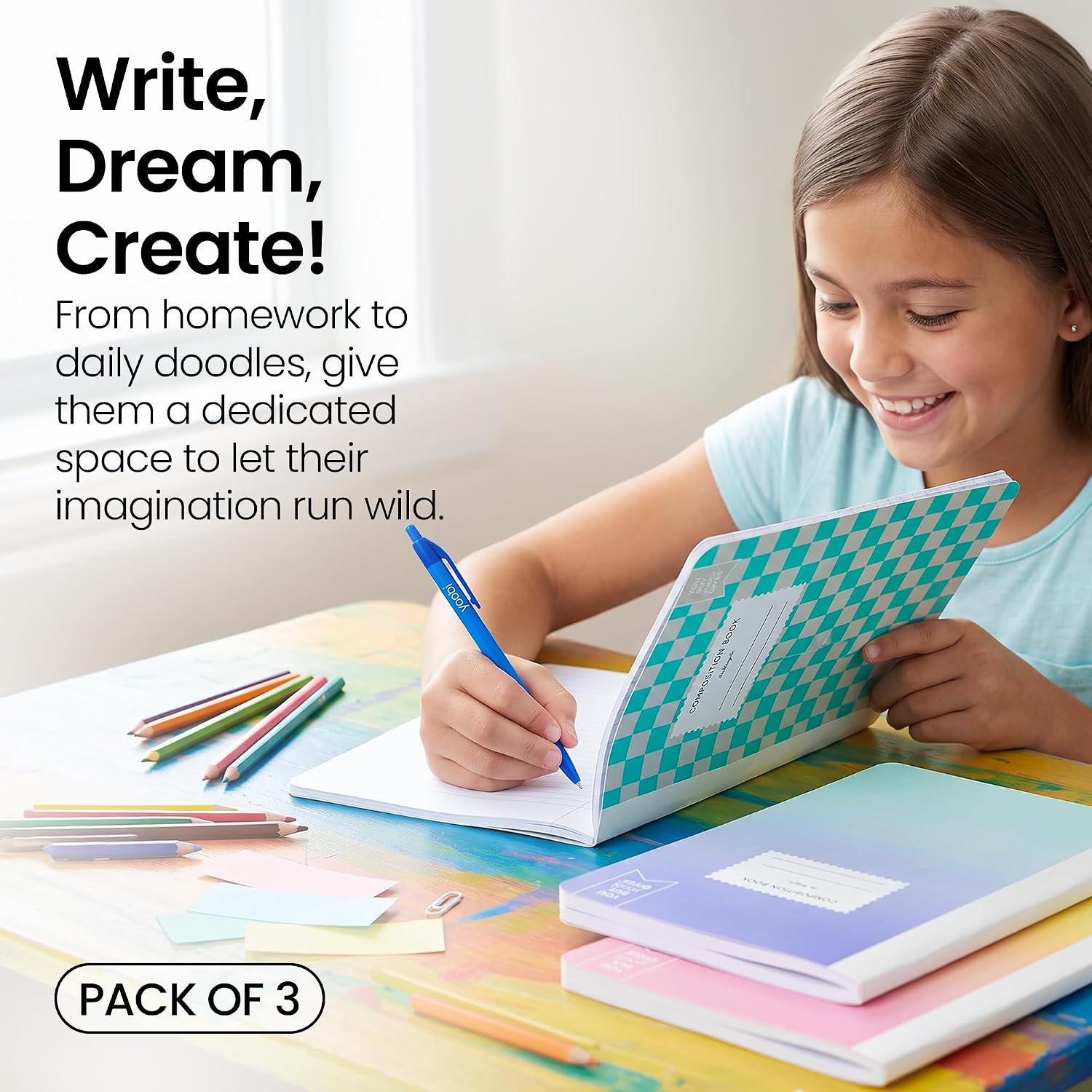 Yoobi Wide Ruled Composition Notebook Set – 3-Pack of Kids 1 Subject Notebooks, Bright Allover Print Designs – 100 Sheets Each, For School, Office & Home – 9.75” x 7.5” image 3
