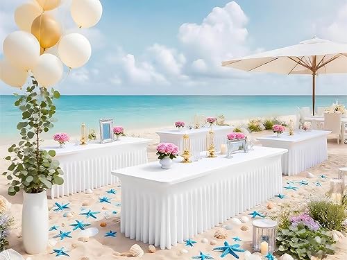 Miniatura 6 de REWOMC Paquete de 2 manteles de mesa de elastano ajustados de 8 pies, color blanco, diseño de una pieza resistente a las arrugas, volantes que se