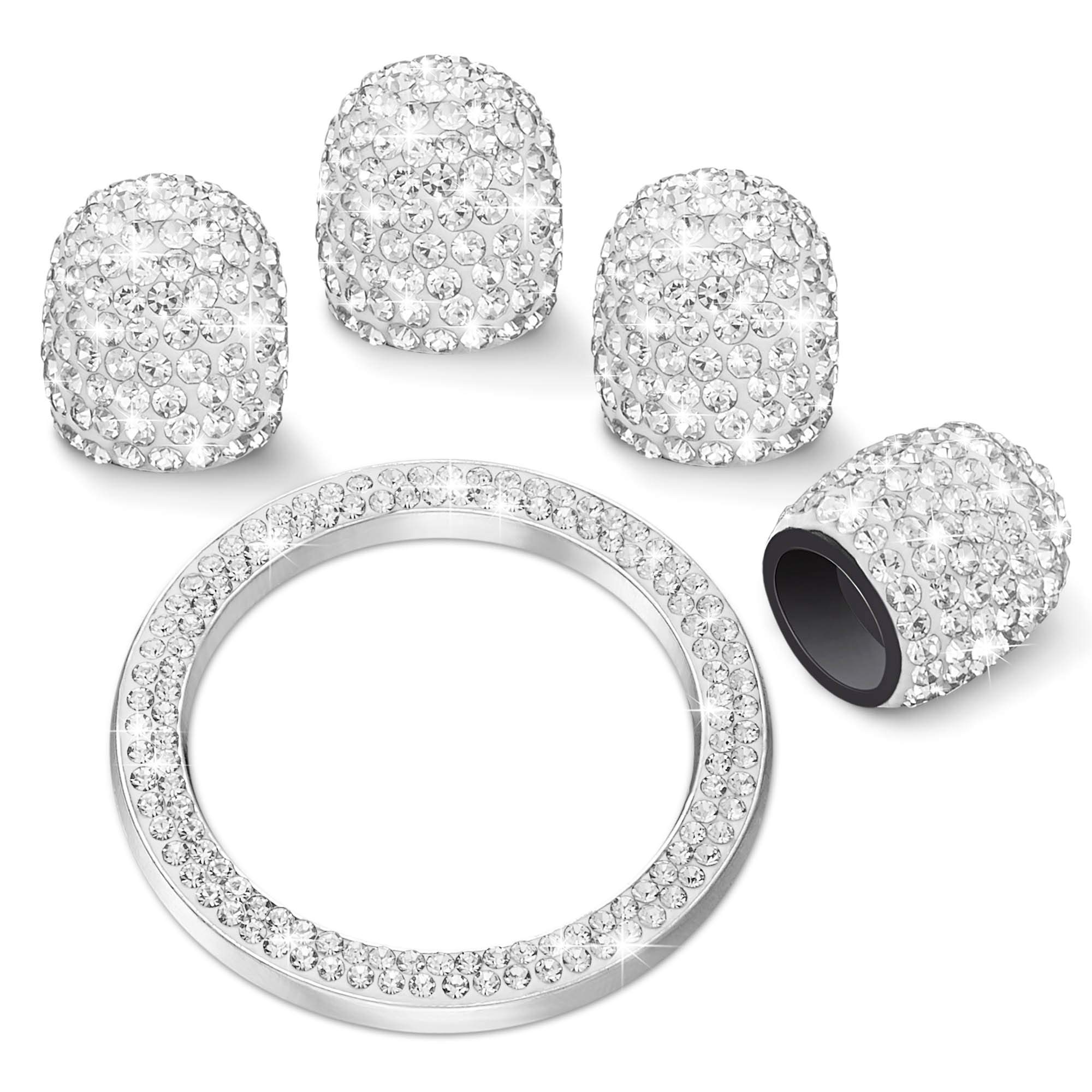 WINKA Rhinestone 4pcs Car Tire Valve Stem Caps with 1pcs Bling Car Engine Button Cover Unversal Ignition Ring for Car Keylees Ring Diamond Car Tire