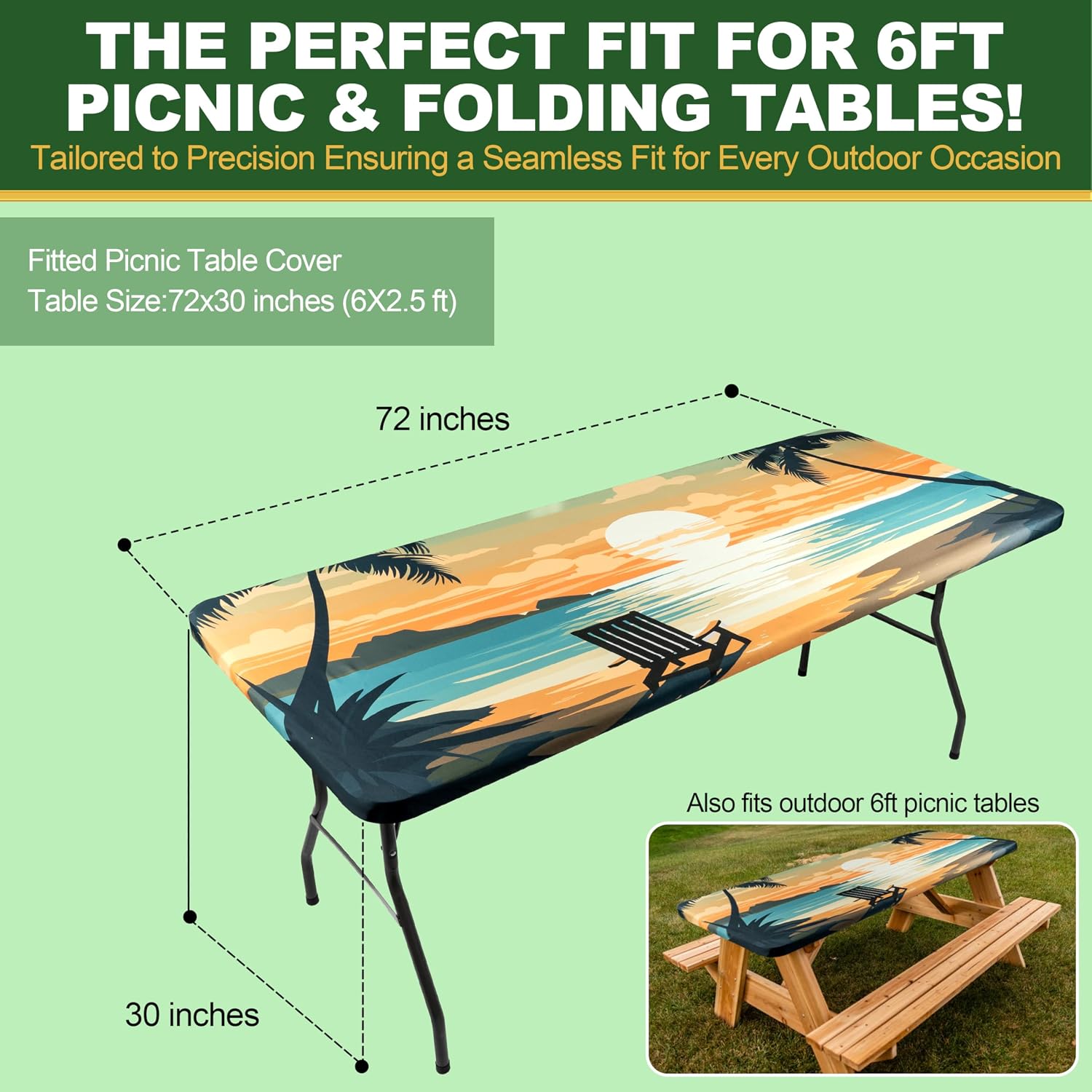 Elastic Fitted Picnic Table Cover, 6ft, Tropical Beach image 2