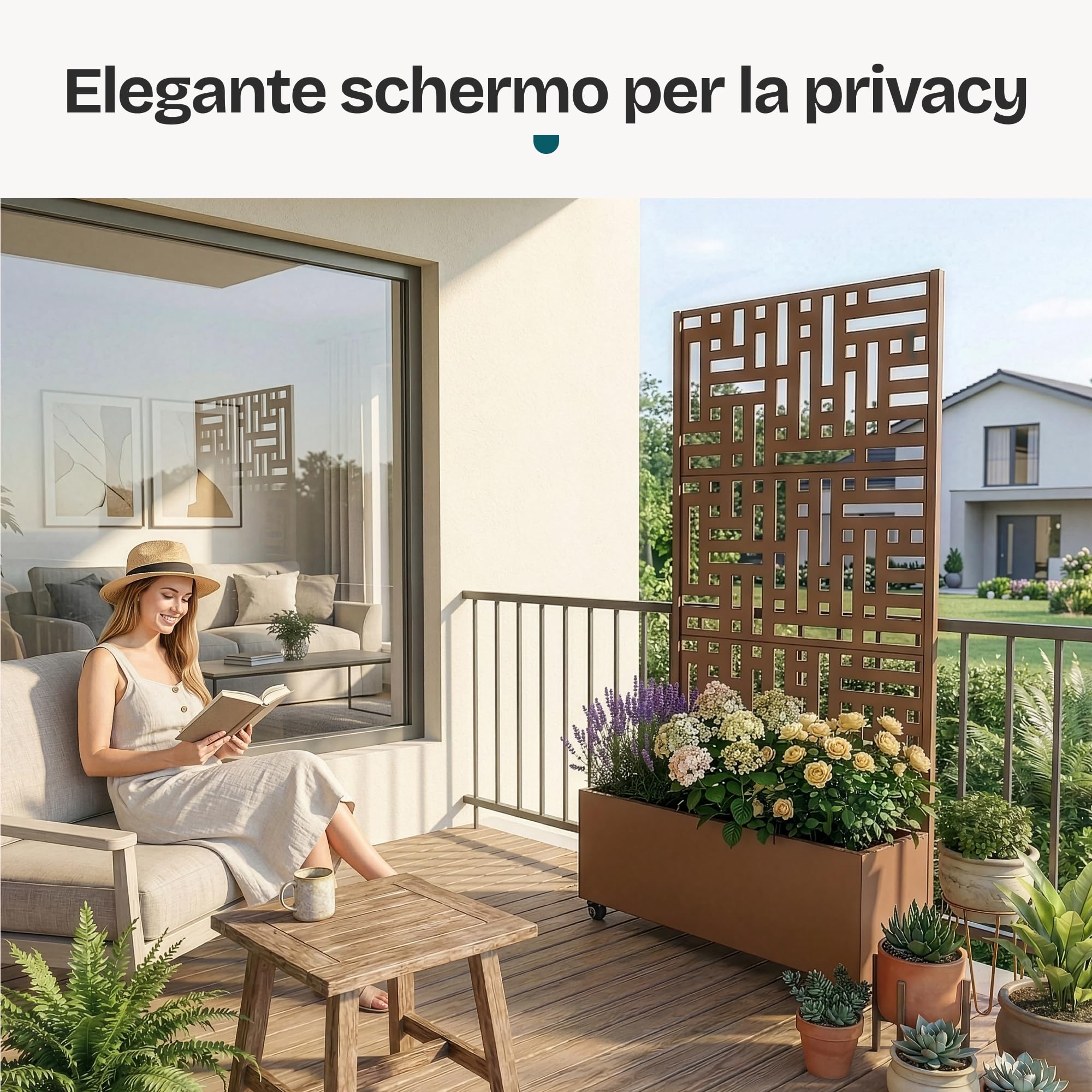 casa.pro Fioriera con Grigliato Fioriera Mobile con Spalliera Pannello Divisorio con Portapiante a 4 Rotelle Separatore da Terrazza 190 x 82 x 38 cm Acciaio Marrone
