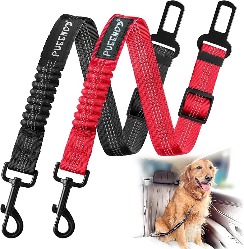 Cinto de Segurança para Cães Ajustável em Nylon com Elástico e Faixa Refletiva PUEENOD Preto e Vermelho, Pacote com 2