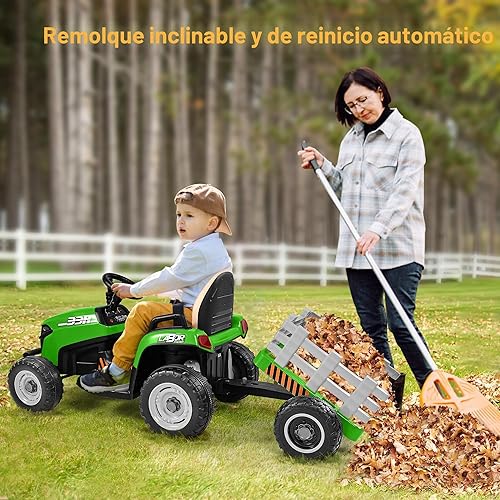 Miniatura 2 de Tractor de paseo de 12 V 7 AH con remolque inclinable y control remoto, motores de 2 x 45 W, Bluetooth, música, palanca de cambios, automóvil